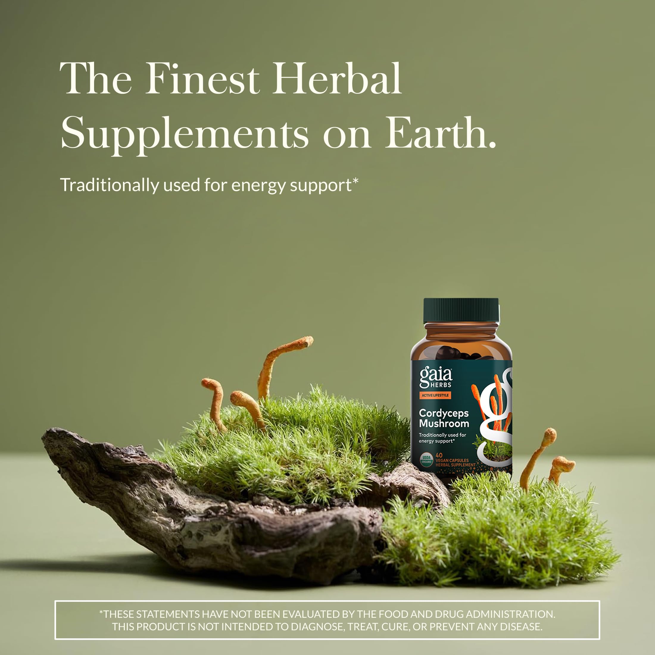 Etiqueta de Gaia Herbs Cordyceps con información de origen orgánico.