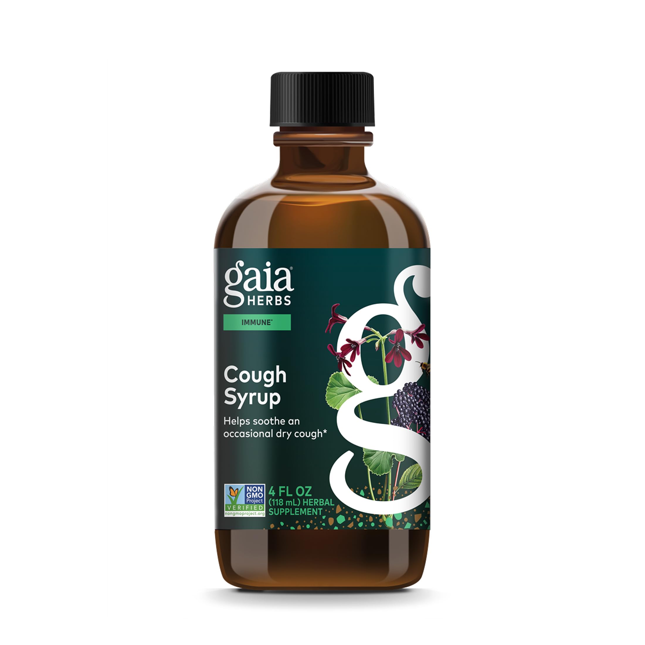 Gaia Herbs Cough Syrup: botella mostrando miel orgánica para sabor suave y natural