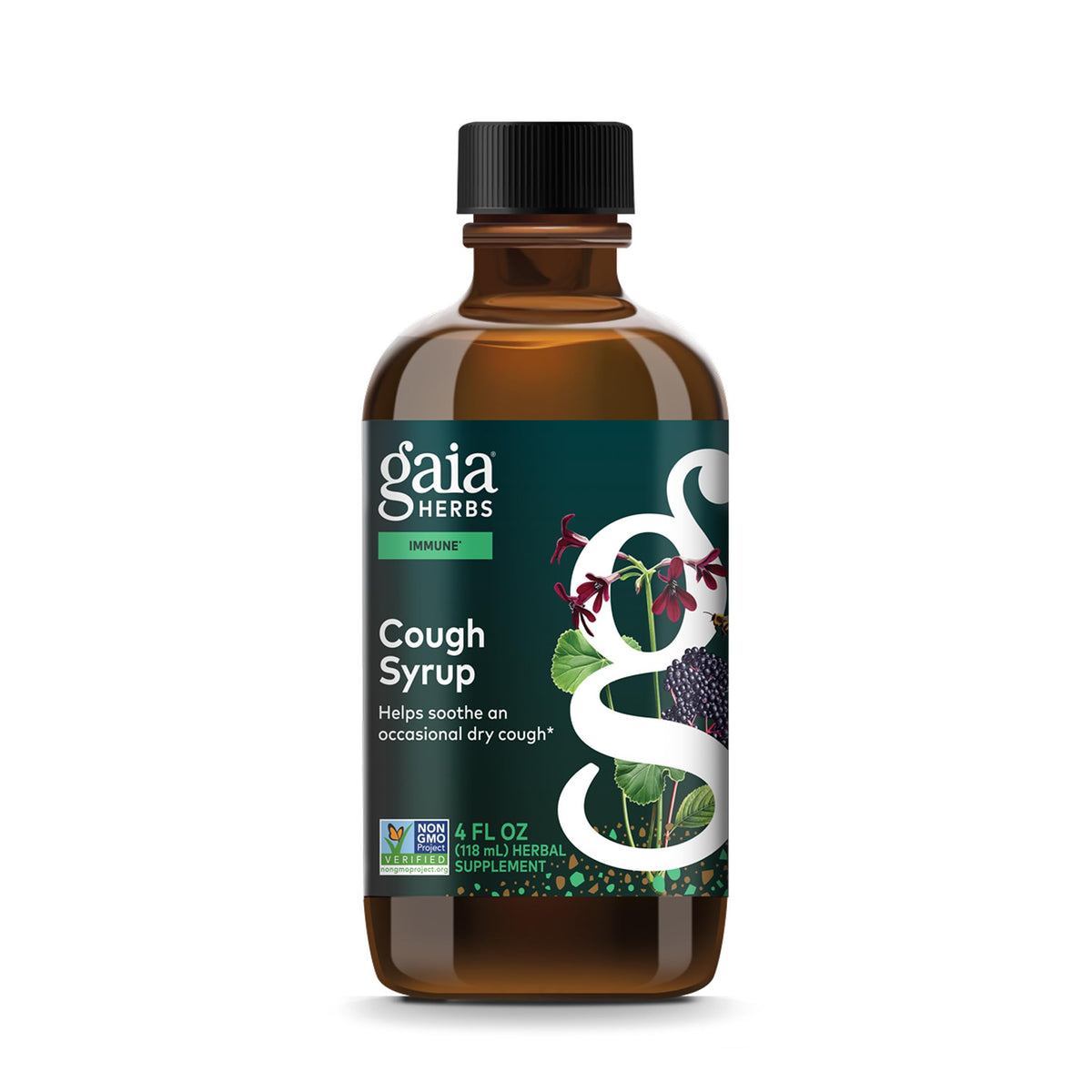 Gaia Herbs Cough Syrup: botella mostrando miel orgánica para sabor suave y natural