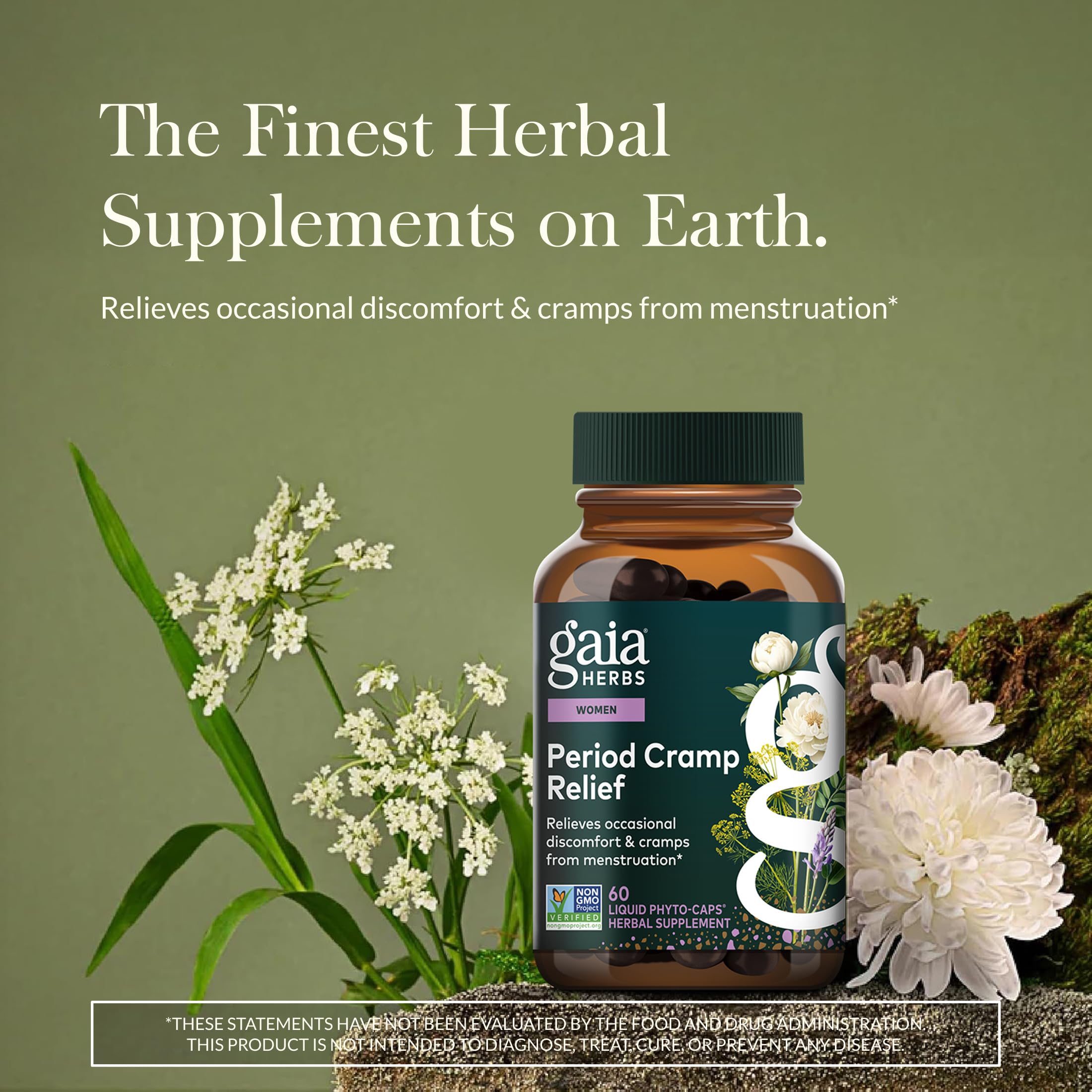 Gaia Herbs Cramp Relief etiqueta con ingredientes y indicaciones de uso.
