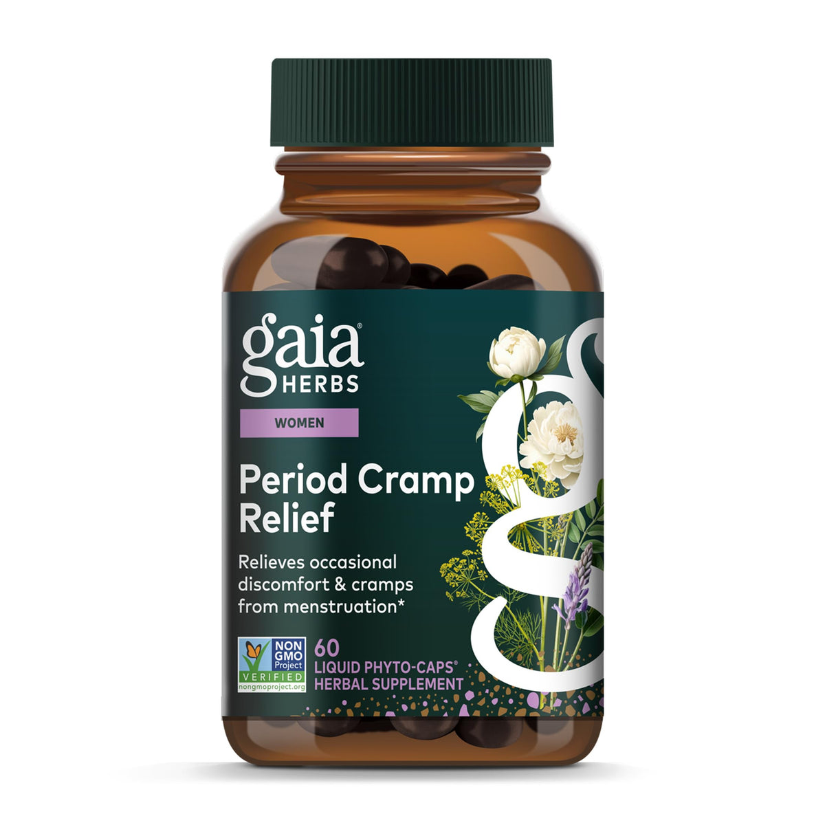 Gaia Herbs Cramp Relief frasco frontal para alivio suave de molestias menstruales.
