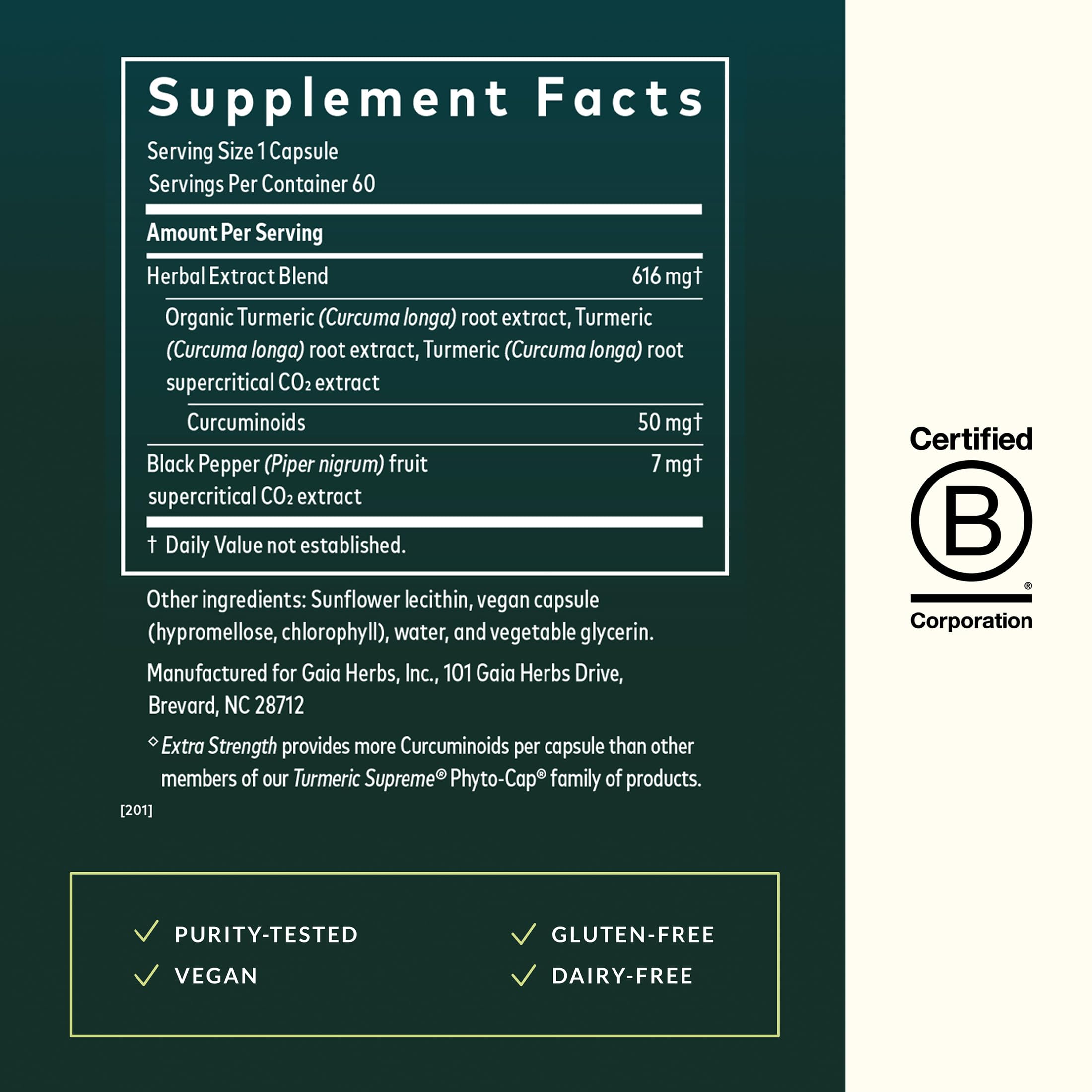 Gaia Herbs Curcuma Supremo Extra Fuerte, raíces de cúrcuma y pimienta para uso diario.