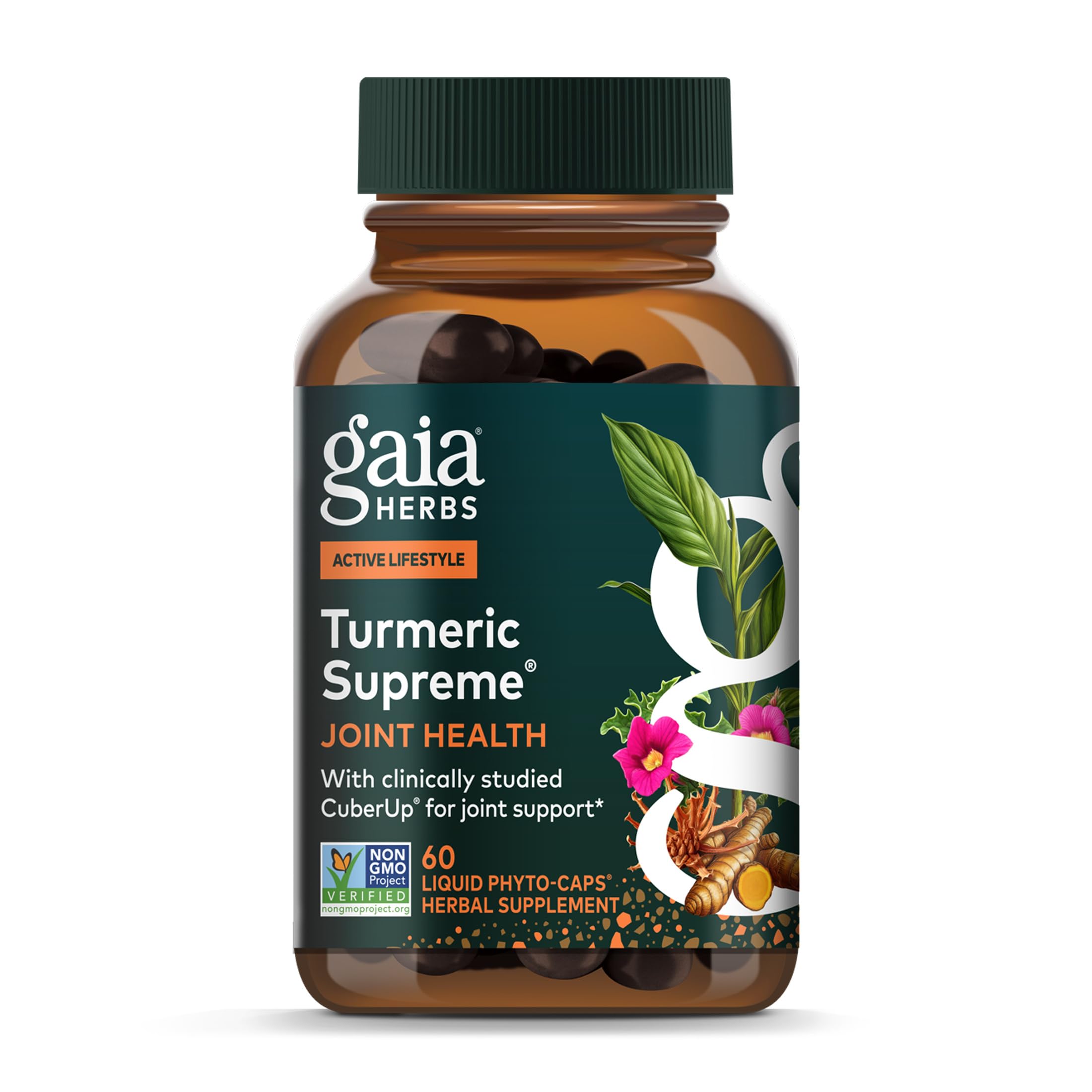Gaia Herbs Curcuma Suprema articulaciones, botella con cápsulas líquidas para movilidad diaria.