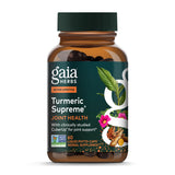 Gaia Herbs Curcuma Suprema articulaciones, botella con cápsulas líquidas para movilidad diaria.