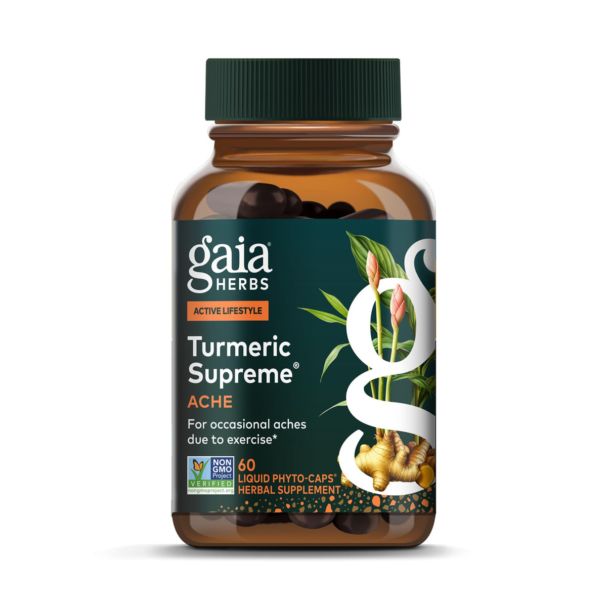 Gaia Herbs Turmeric Supreme Ache: botella con cápsulas para alivio ocasional.
