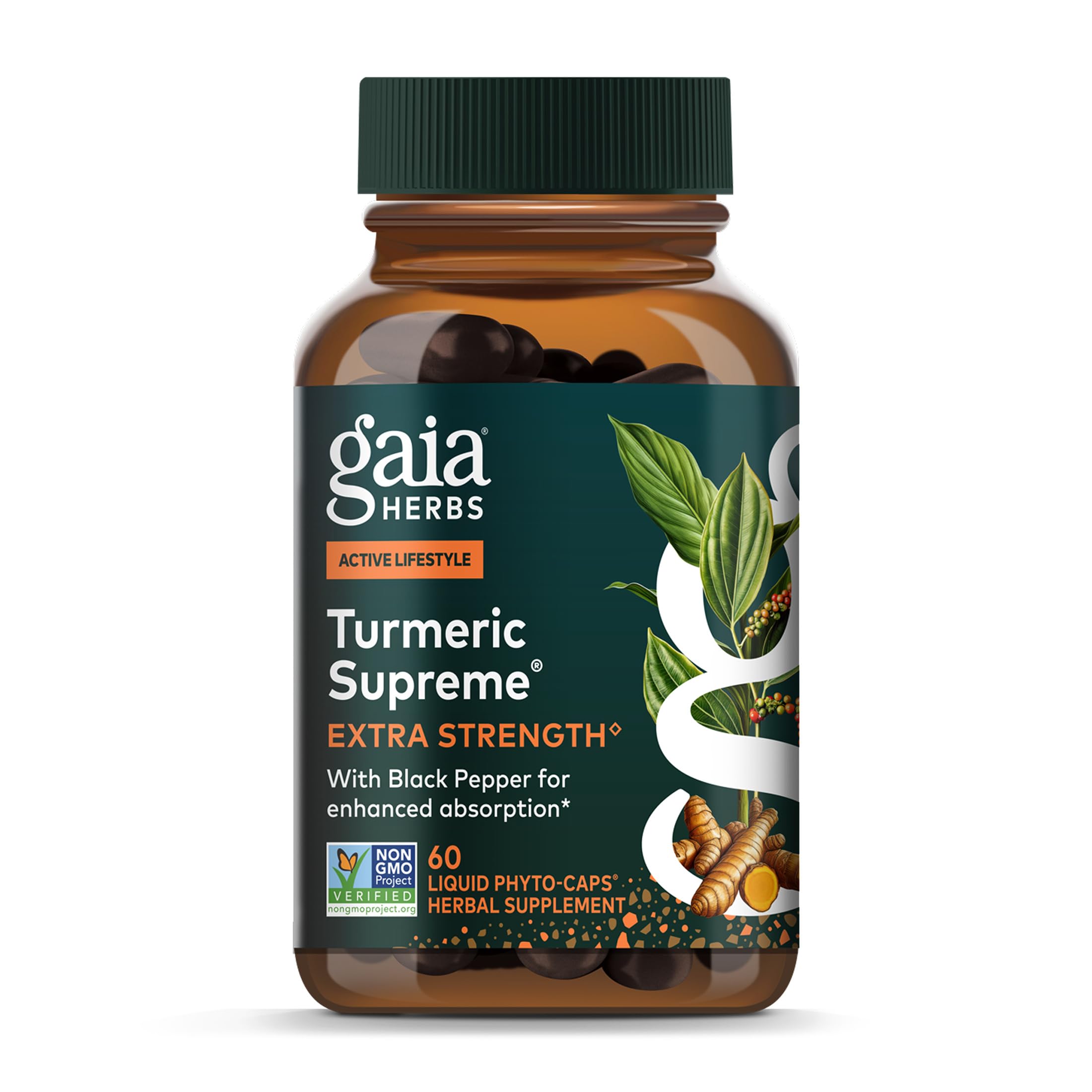 Gaia Herbs Curcuma Supremo Extra Fuerte, botella para movilidad diaria.