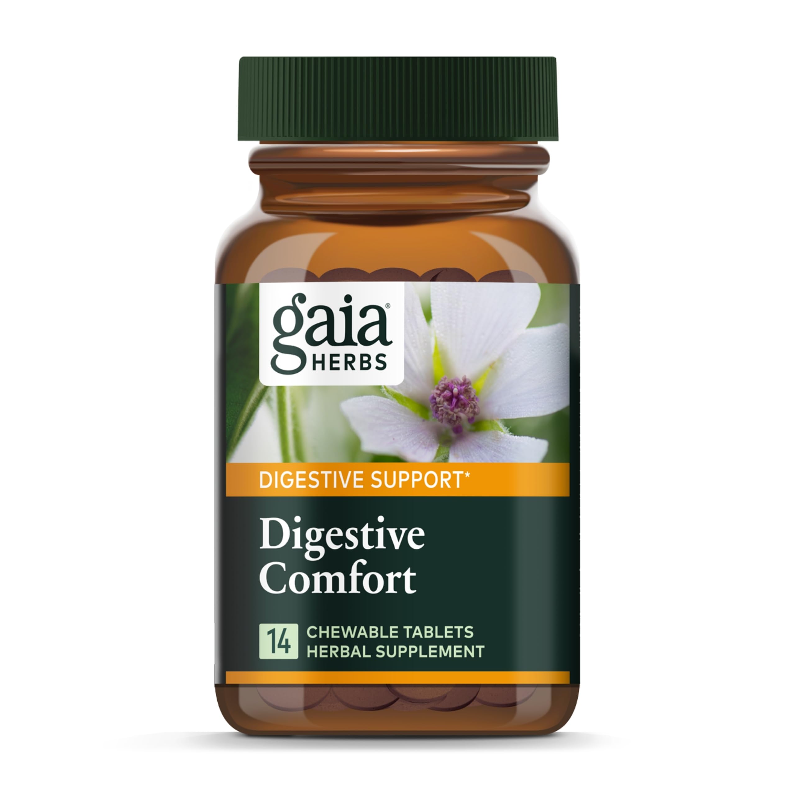 Gaia Herbs Digestive Comfort: tabletas masticables para alivio ocasional de malestares digestivos.