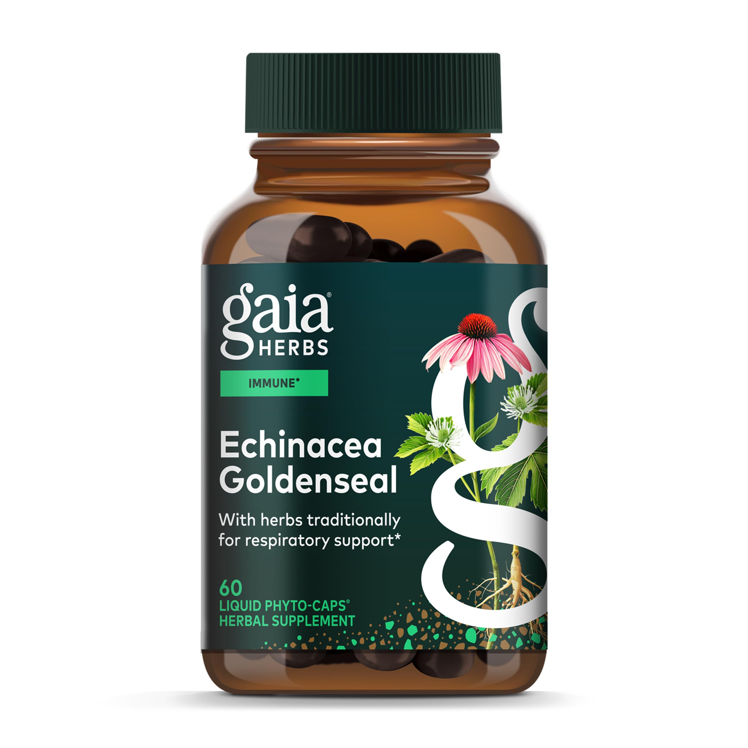 Gaia Herbs Echinacea Goldenseal, botella, apoyo al sistema inmune y salud respiratoria.