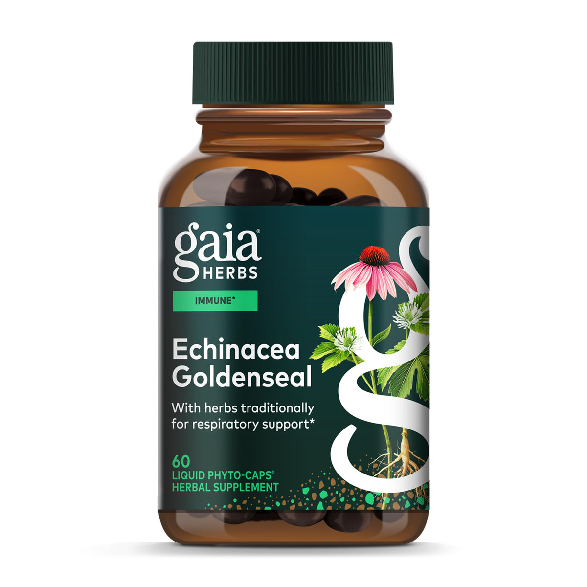 Gaia Herbs Echinacea Goldenseal, botella, apoyo al sistema inmune y salud respiratoria.