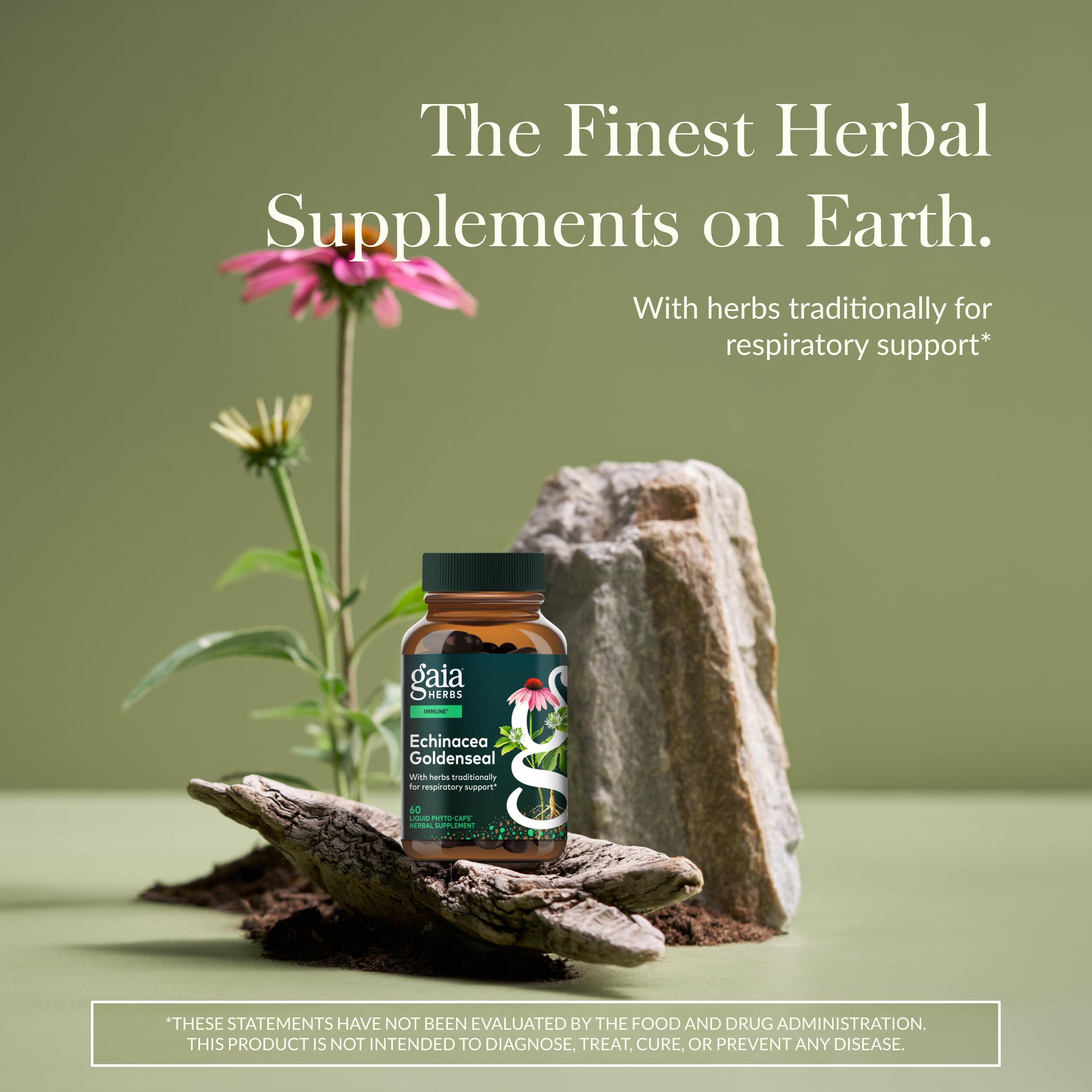 Gaia Herbs Echinacea Goldenseal, etiqueta frontal, información clara sobre ingredientes herbales.