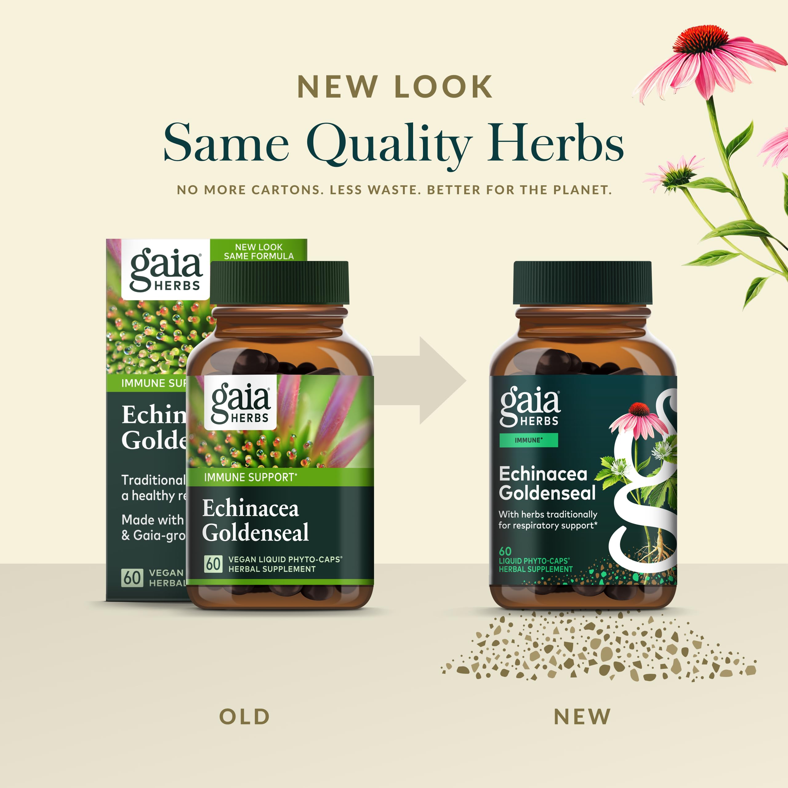 Gaia Herbs Echinacea Goldenseal, ingredientes herbales, mezcla armoniosa para apoyo del organismo.