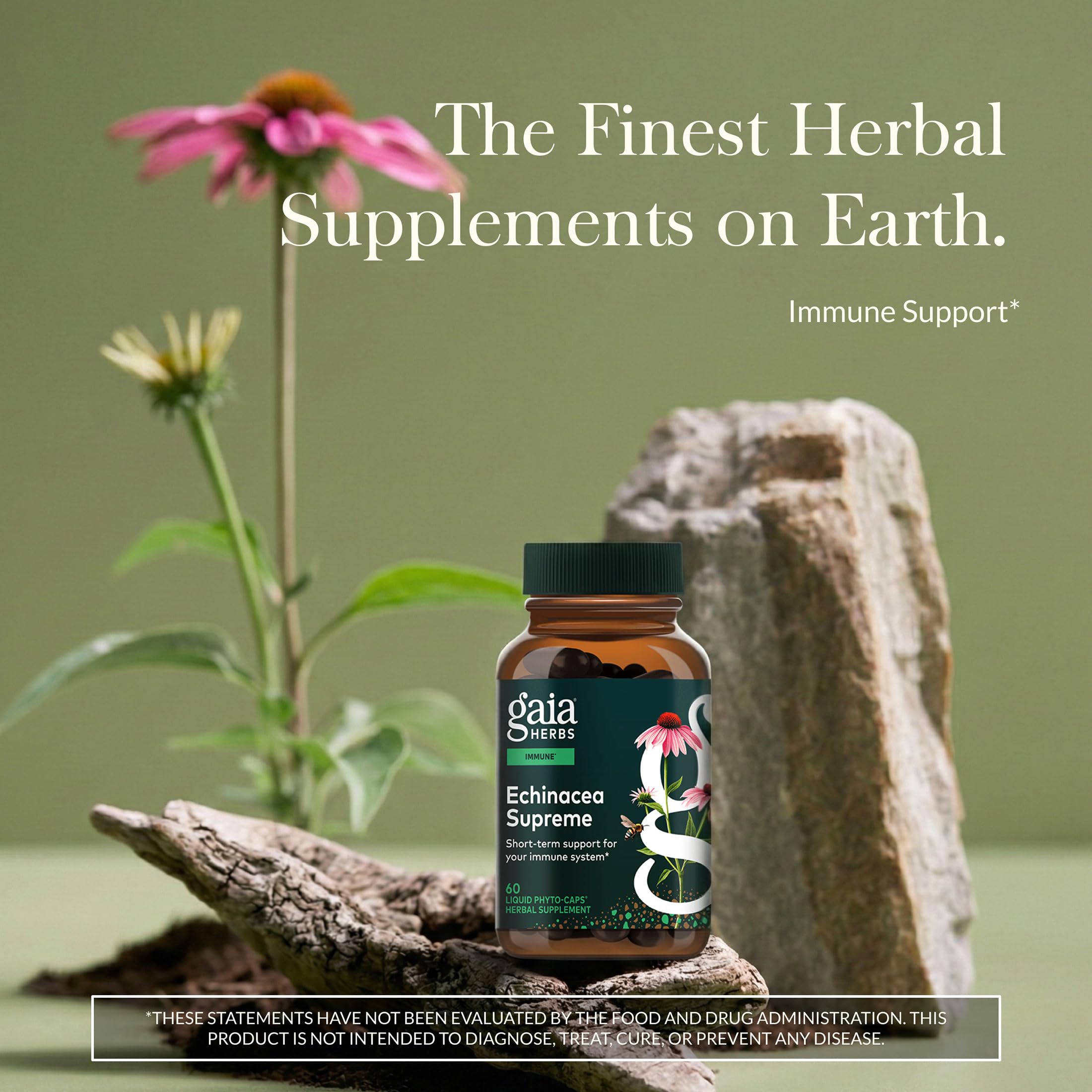 Etiqueta Gaia Herbs Echinacea Supreme con información de uso estacional.