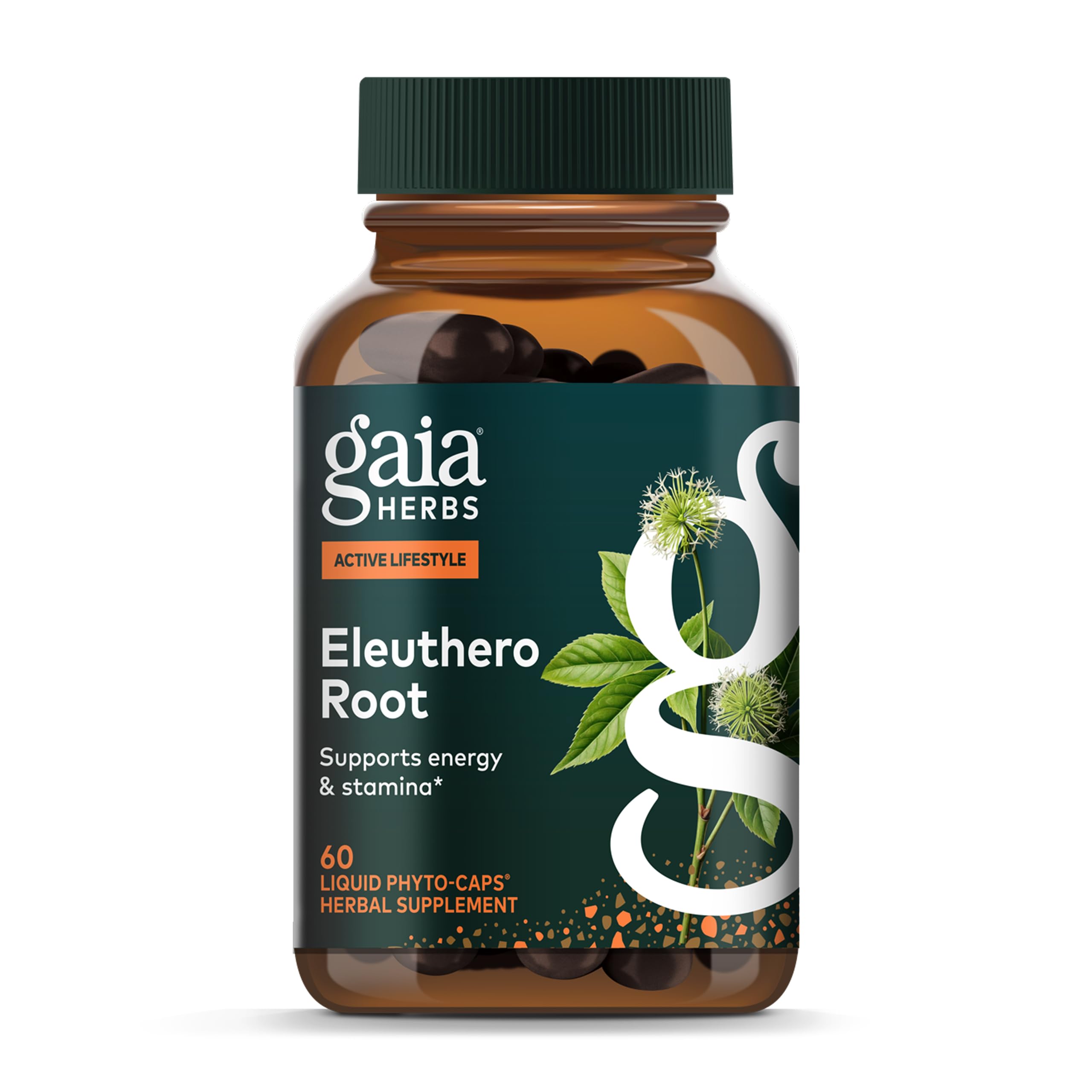 Gaia Herbs Eleuthero Raíz, botella visible, energía sostenida para días activos.