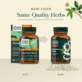 Gaia Herbs Eleuthero Raíz, etiqueta que resalta calidad y origen de plantas.