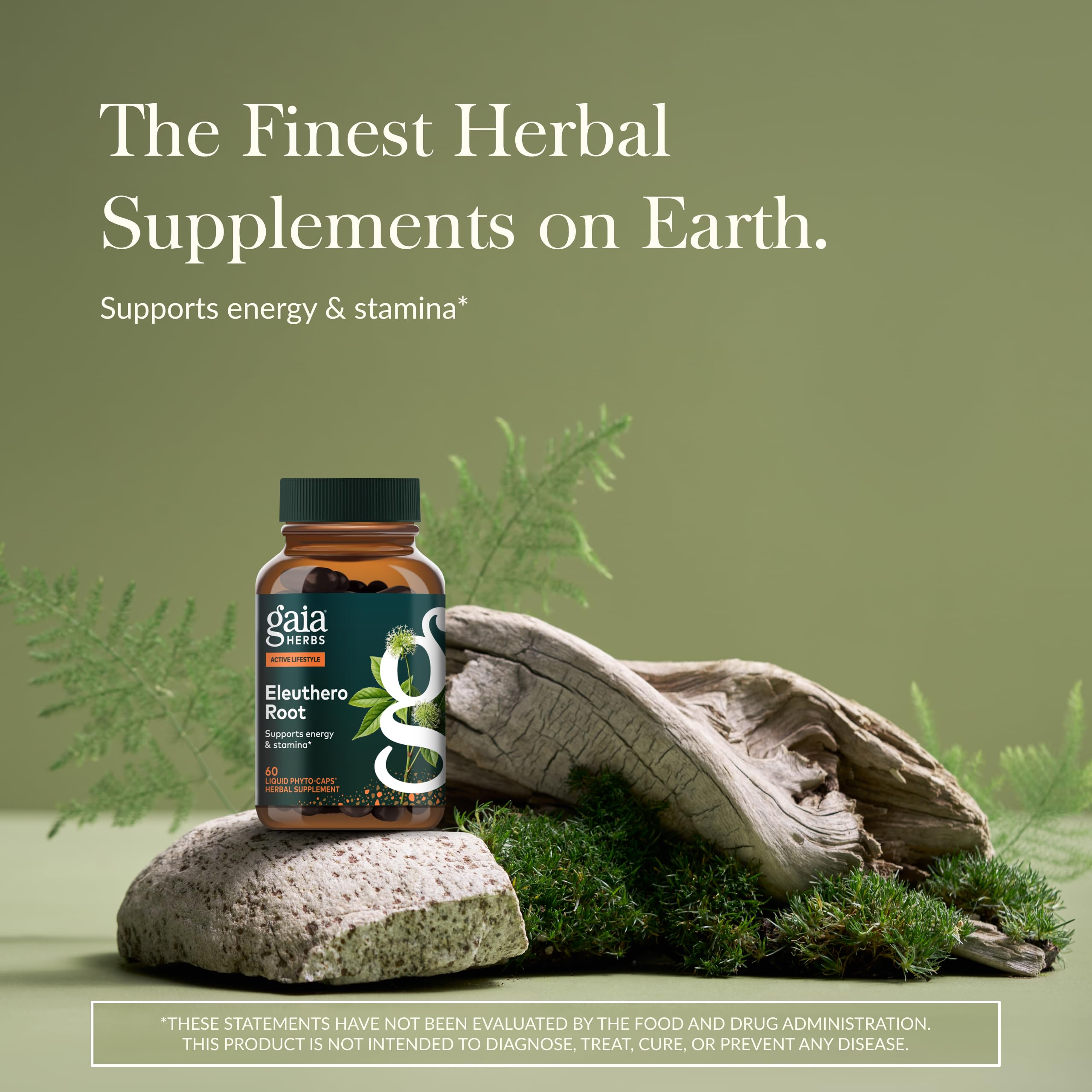Gaia Herbs Eleuthero Raíz, etiqueta clara destacando ingredientes naturales para apoyo diario.