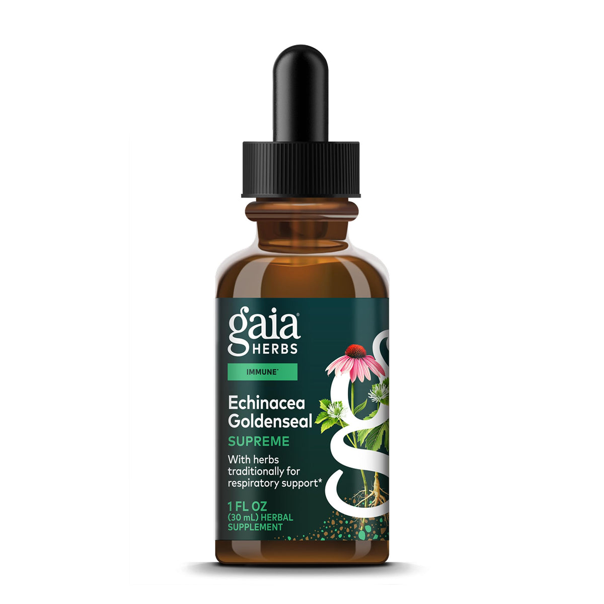 Gaia Herbs Echinacea Goldenseal Supremo, botella frontal, apoyo inmunológico natural