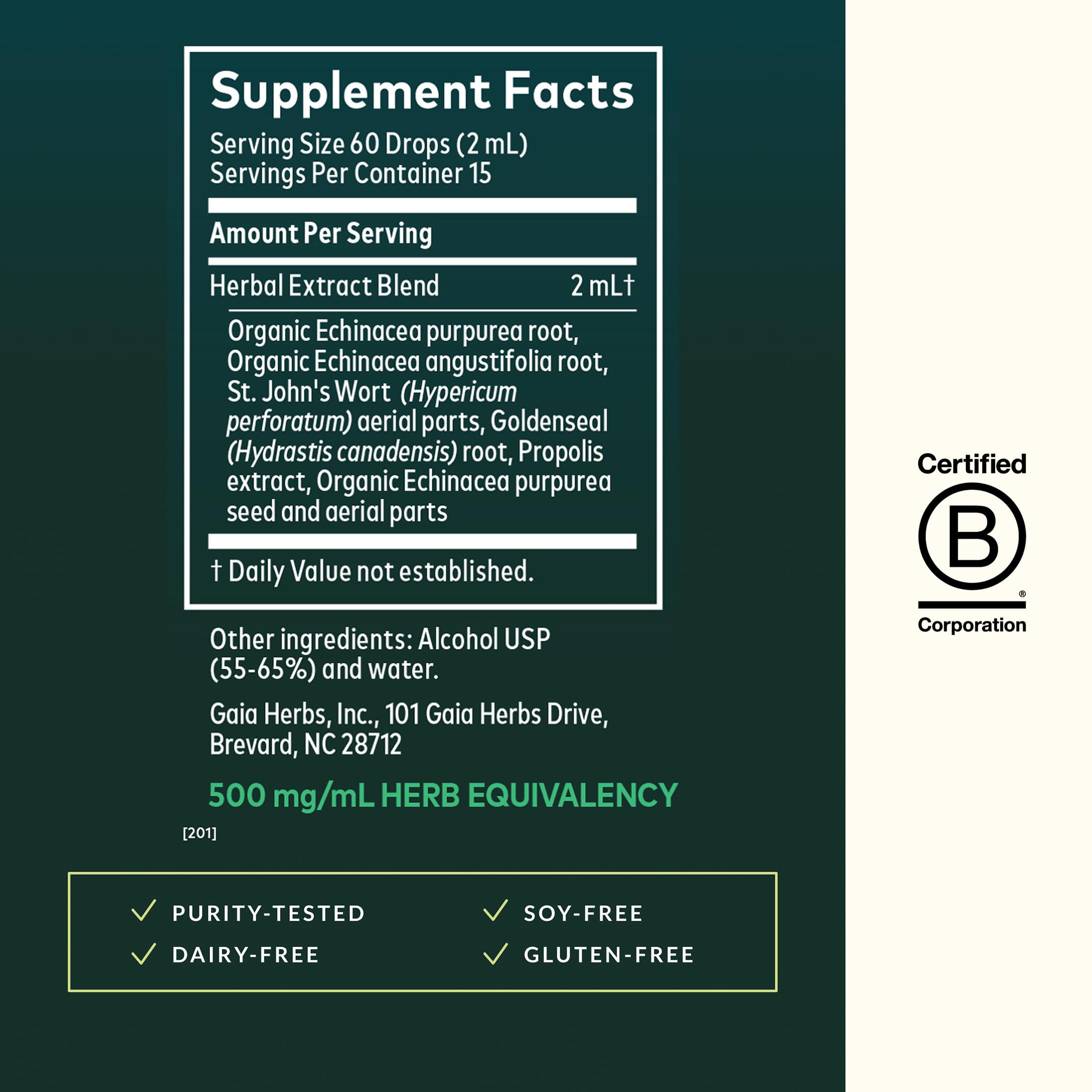 Gaia Herbs Echinacea Goldenseal Supremo, etiqueta clara, fórmula libre de gluten y lácteos