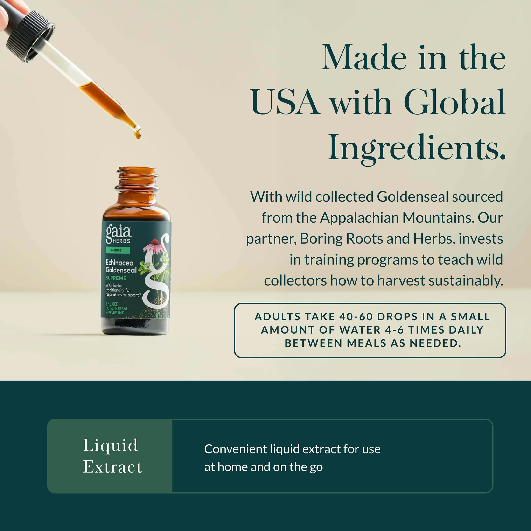 Gaia Herbs Echinacea Goldenseal Supremo, vaso con agua, toma cómoda