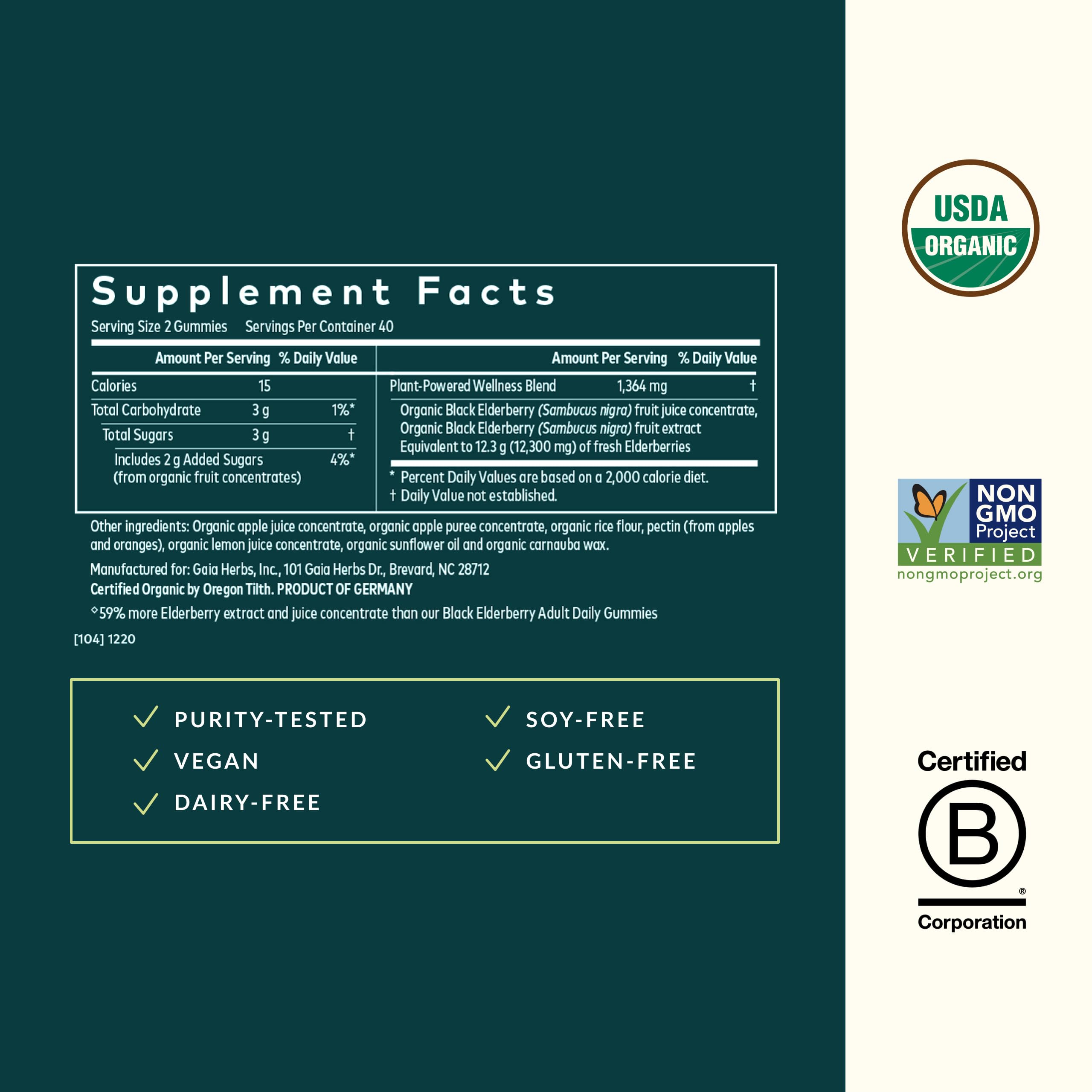 Gaia Herbs etiqueta orgánica certificada, sauco negro.