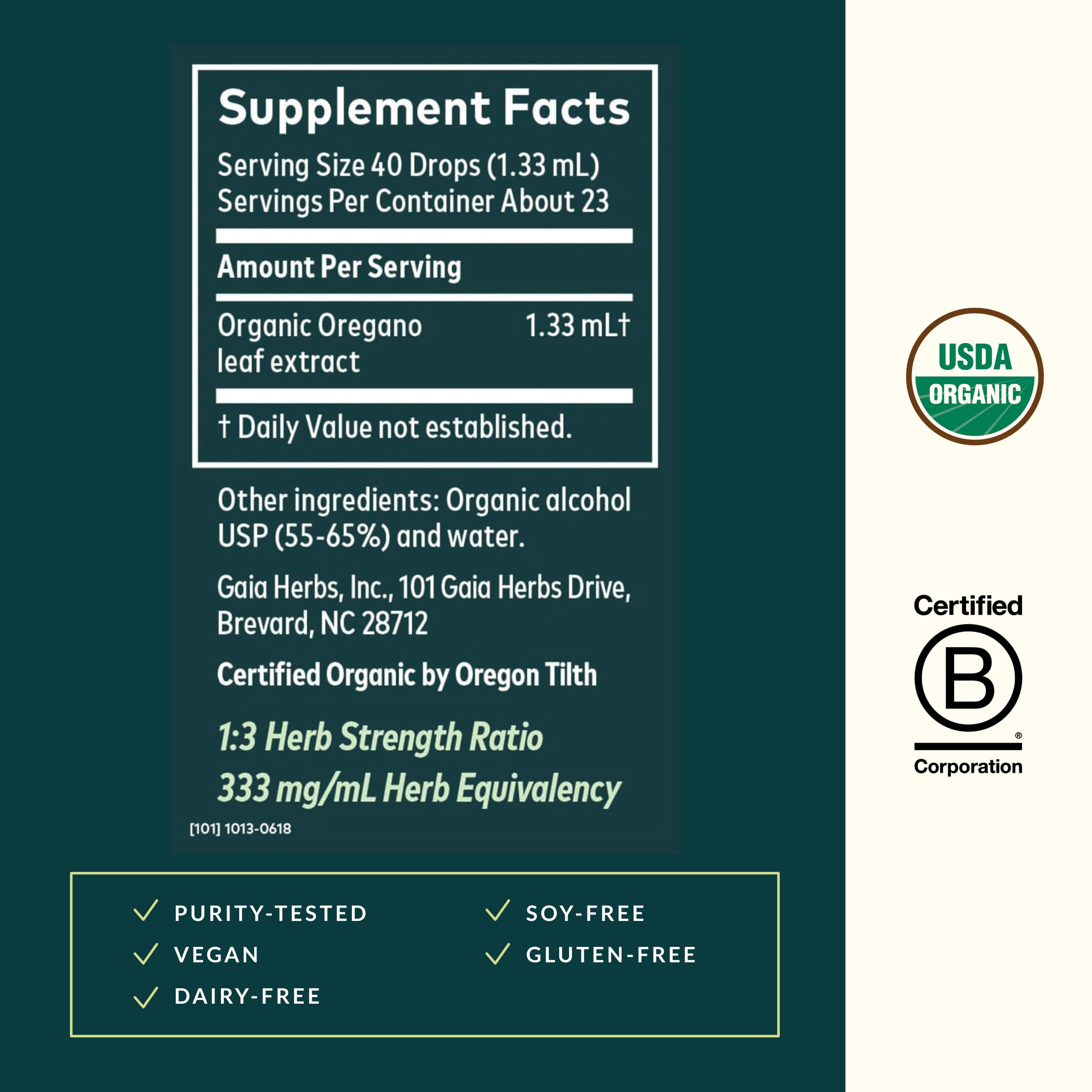 Gaia Herbs Extracto de Orégano Hoja Orgánico: extracto puro para uso diario.