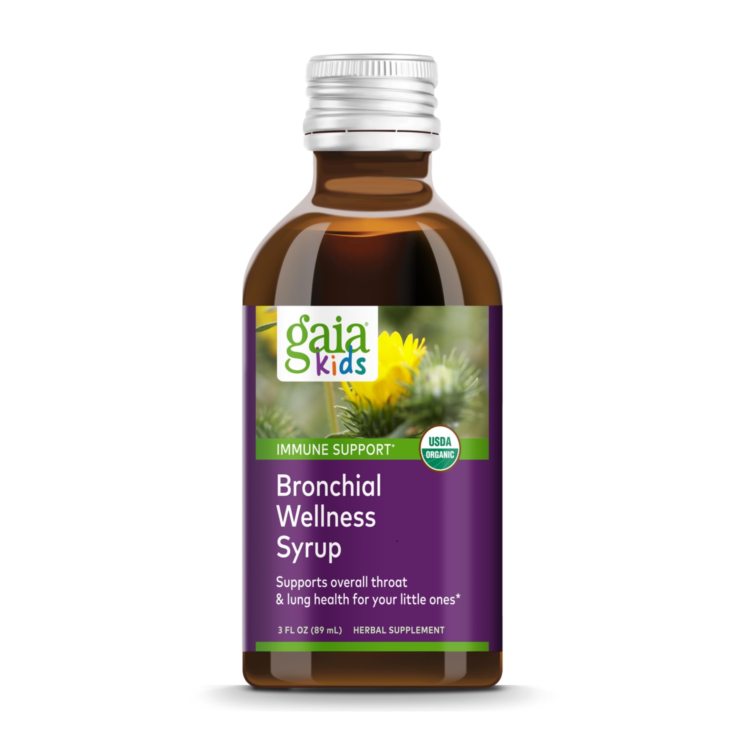 Sirope Gaia Herbs Gaiakids Bronquial Wellness en botella para apoyo respiratorio.