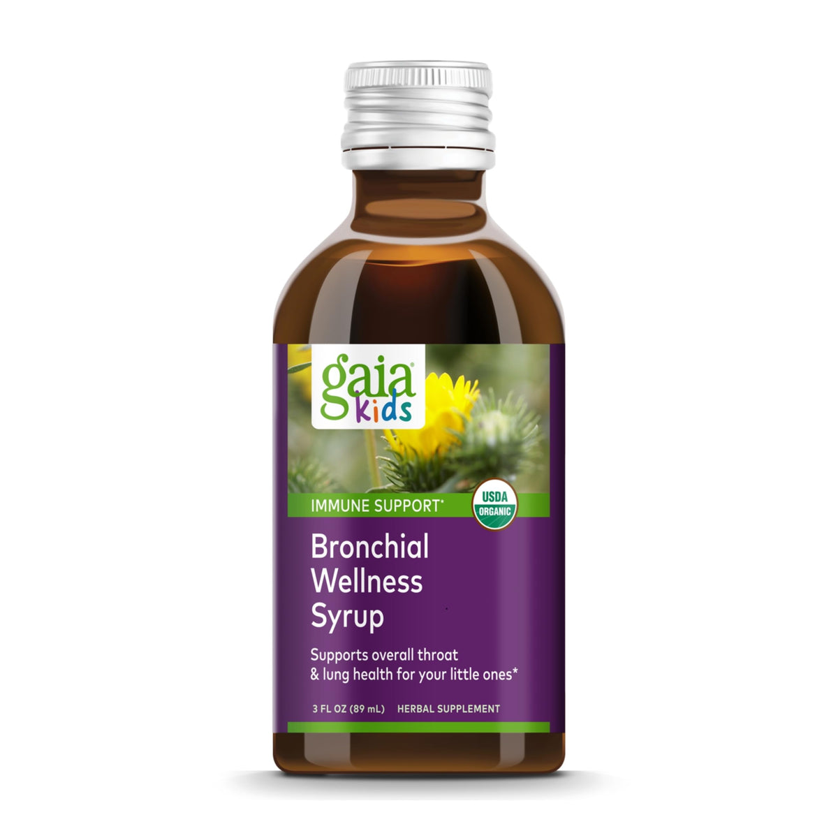 Sirope Gaia Herbs Gaiakids Bronquial Wellness en botella para apoyo respiratorio.
