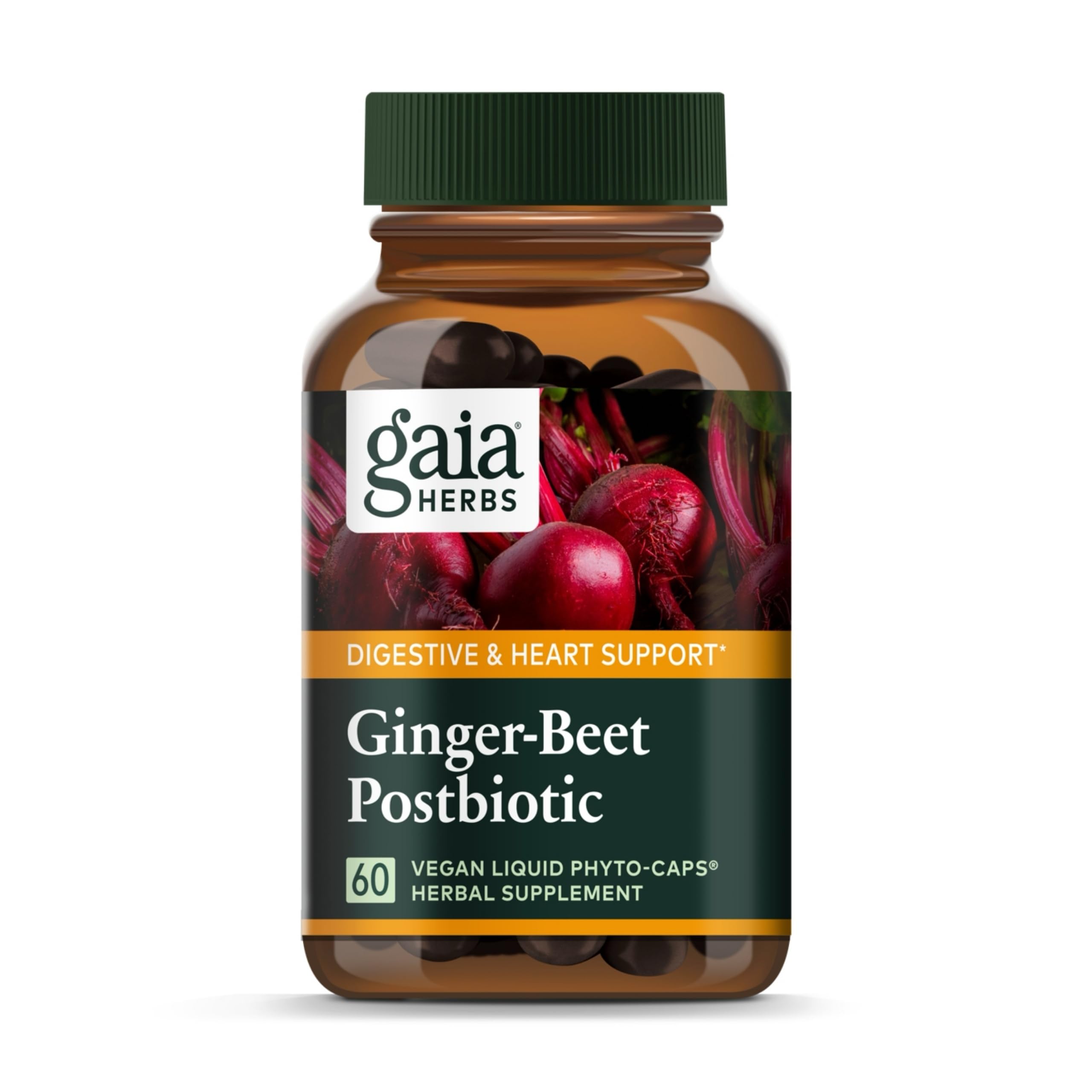 Gaia Herbs Ginger-Beet Postbiotic: bote con cápsulas veganas para apoyar la digestión
