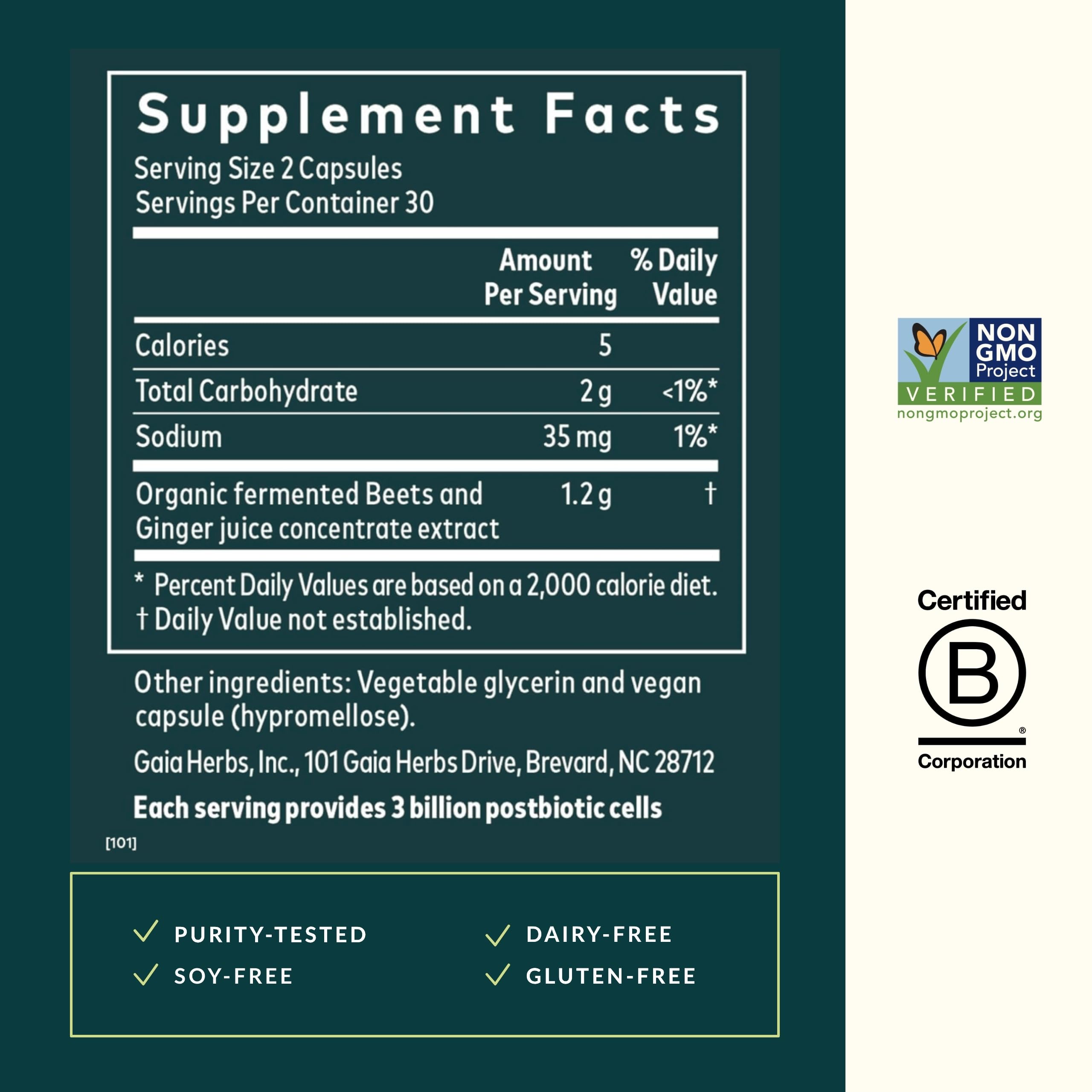 Gaia Herbs Ginger-Beet Postbiotic: cápsulas veganas listas para uso diario