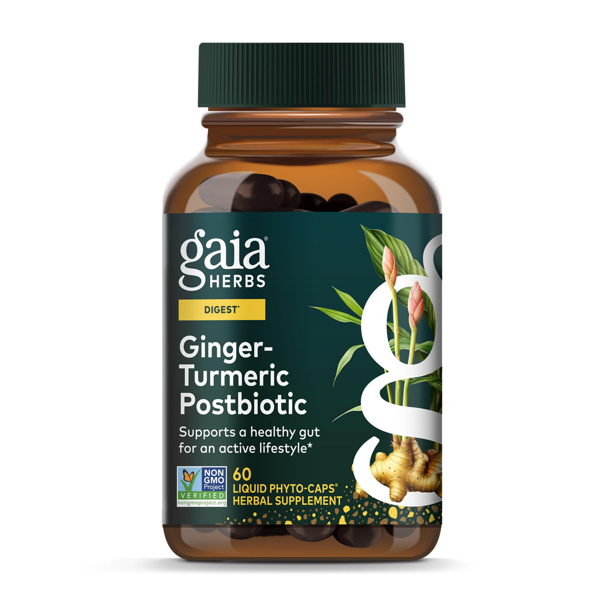 Gaia Herbs Ginger-Turmeric Postbiotic en botella, apoyo digestivo diario