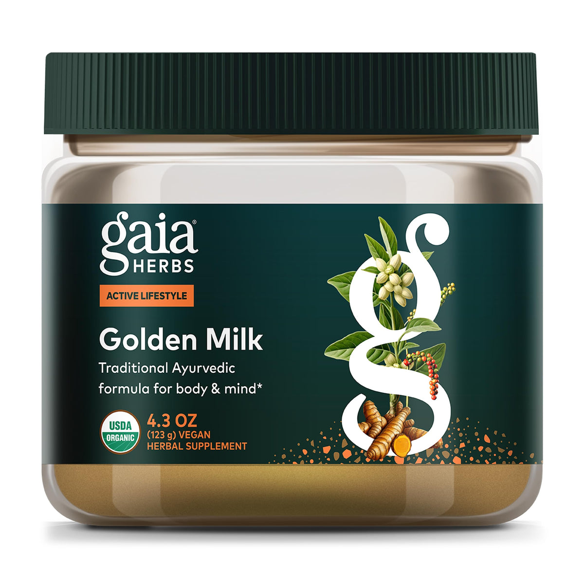 Gaia Herbs Golden Milk, envase visible, ideal para relajación suave al final del día.