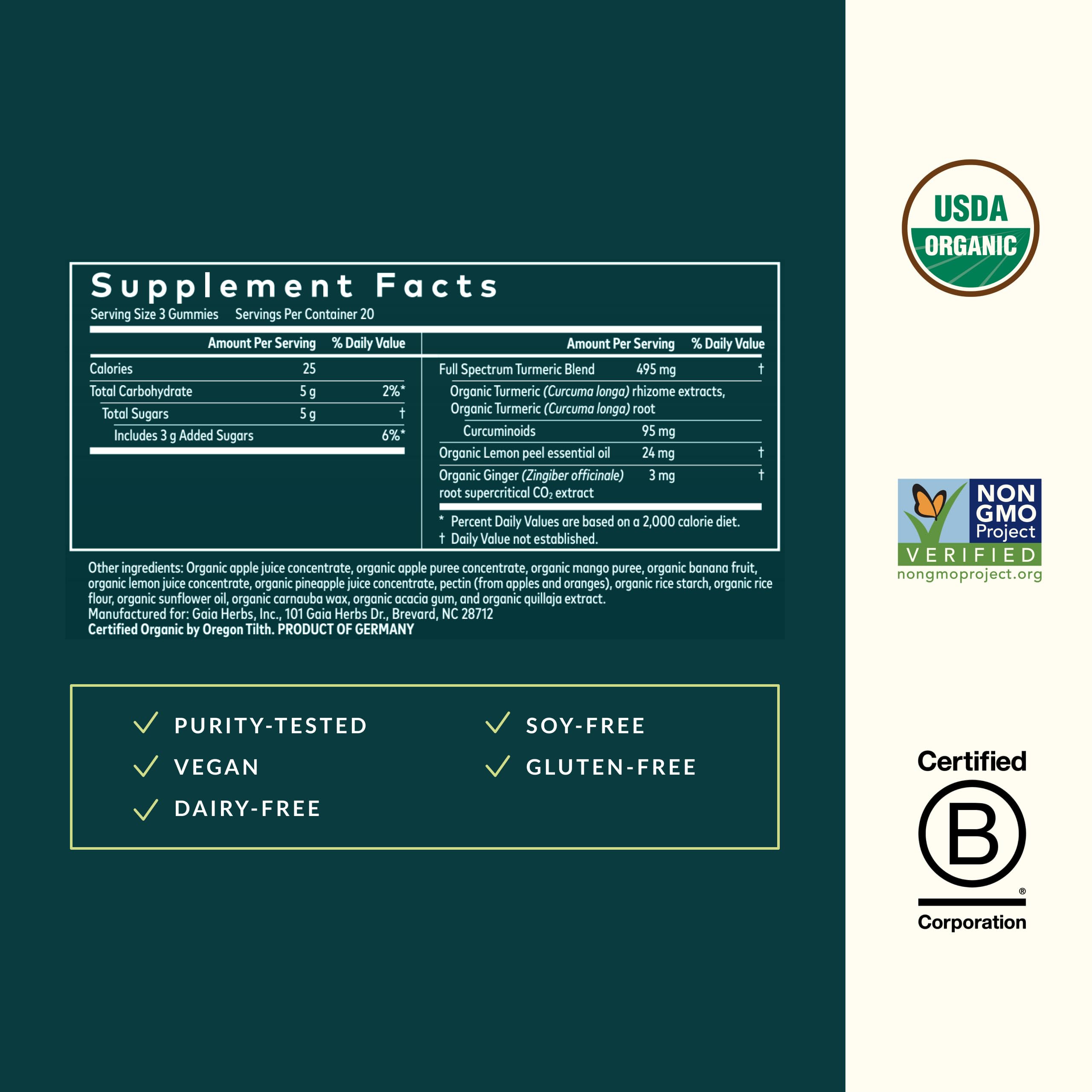 Gaia Herbs Turmeric Supreme Gummies: etiqueta clara con ingredientes y dosis