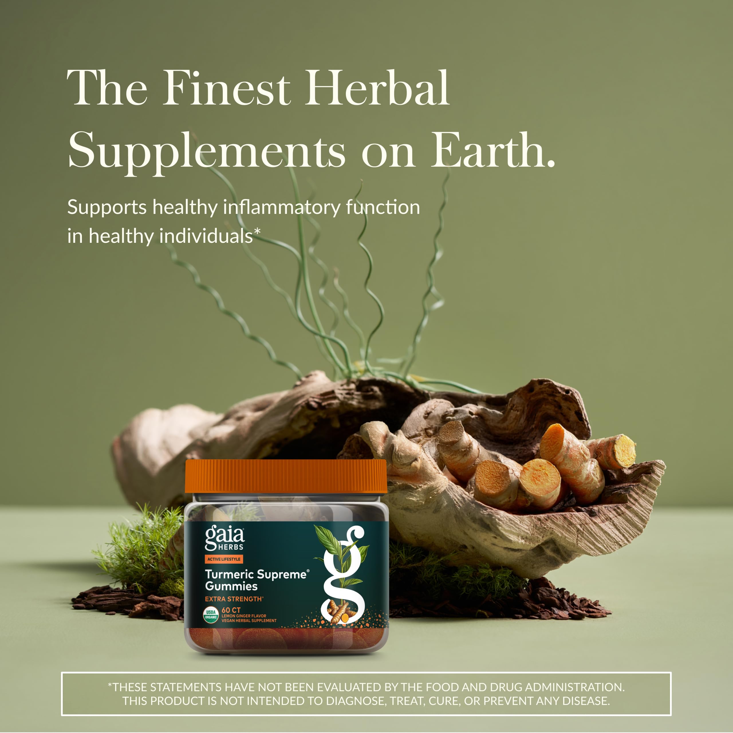 Gaia Herbs Turmeric Supreme Gummies: frasco dorado para consumir una porción diaria de cúrcuma