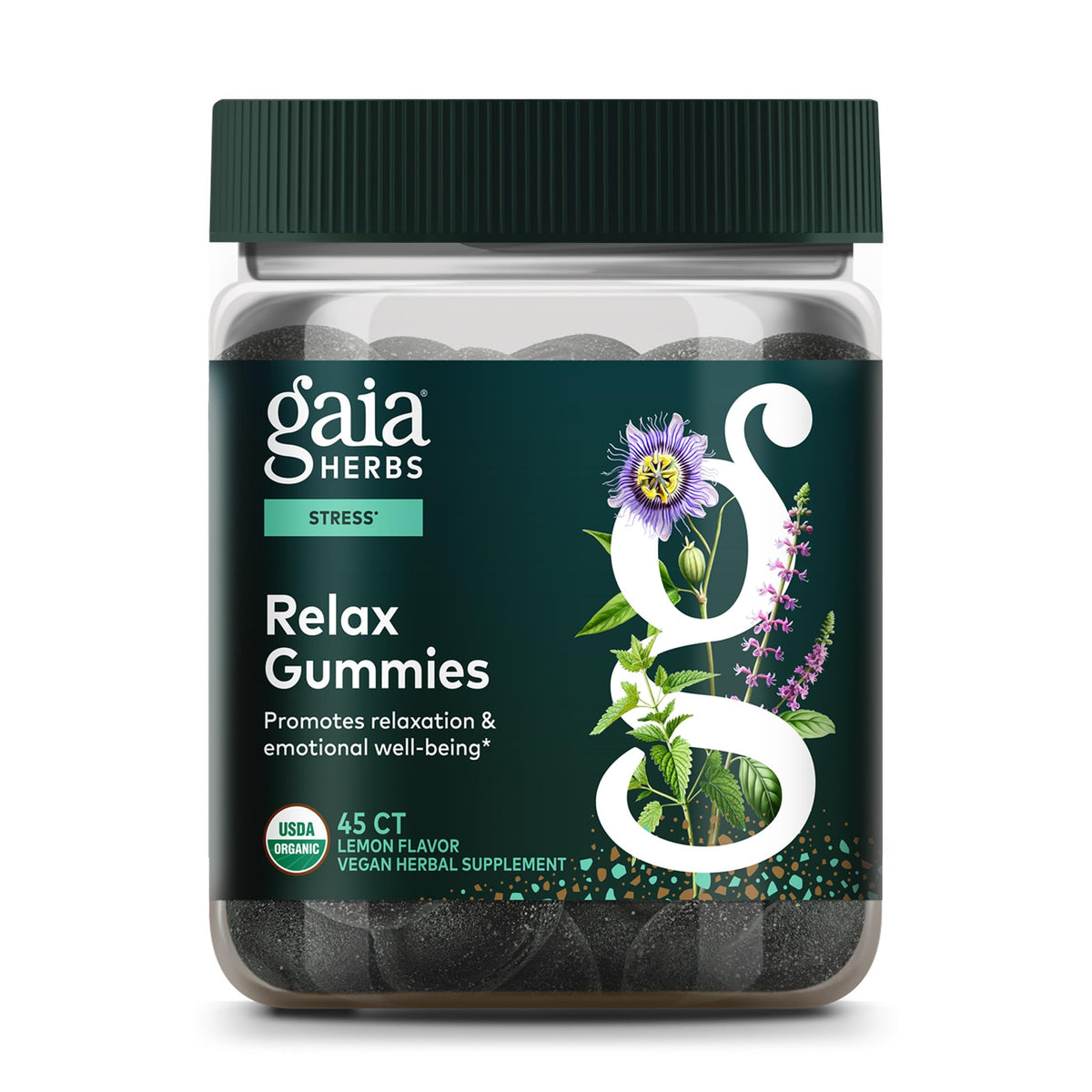 Gaia Herbs gomitas relajantes en frasco para calma diaria.