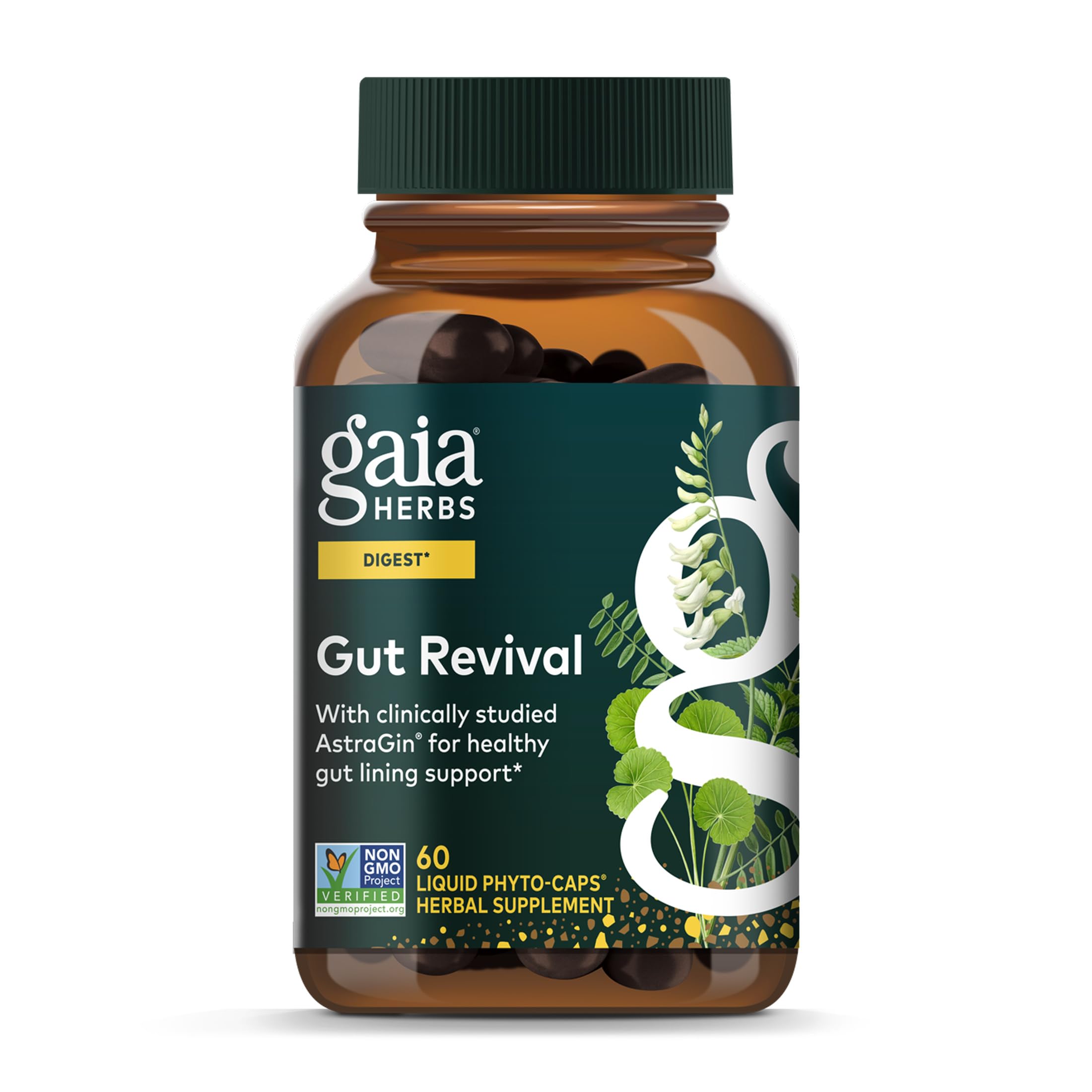 Gaia Herbs Gut Revival: bote de cápsulas y posible apoyo a la permeabilidad intestinal.