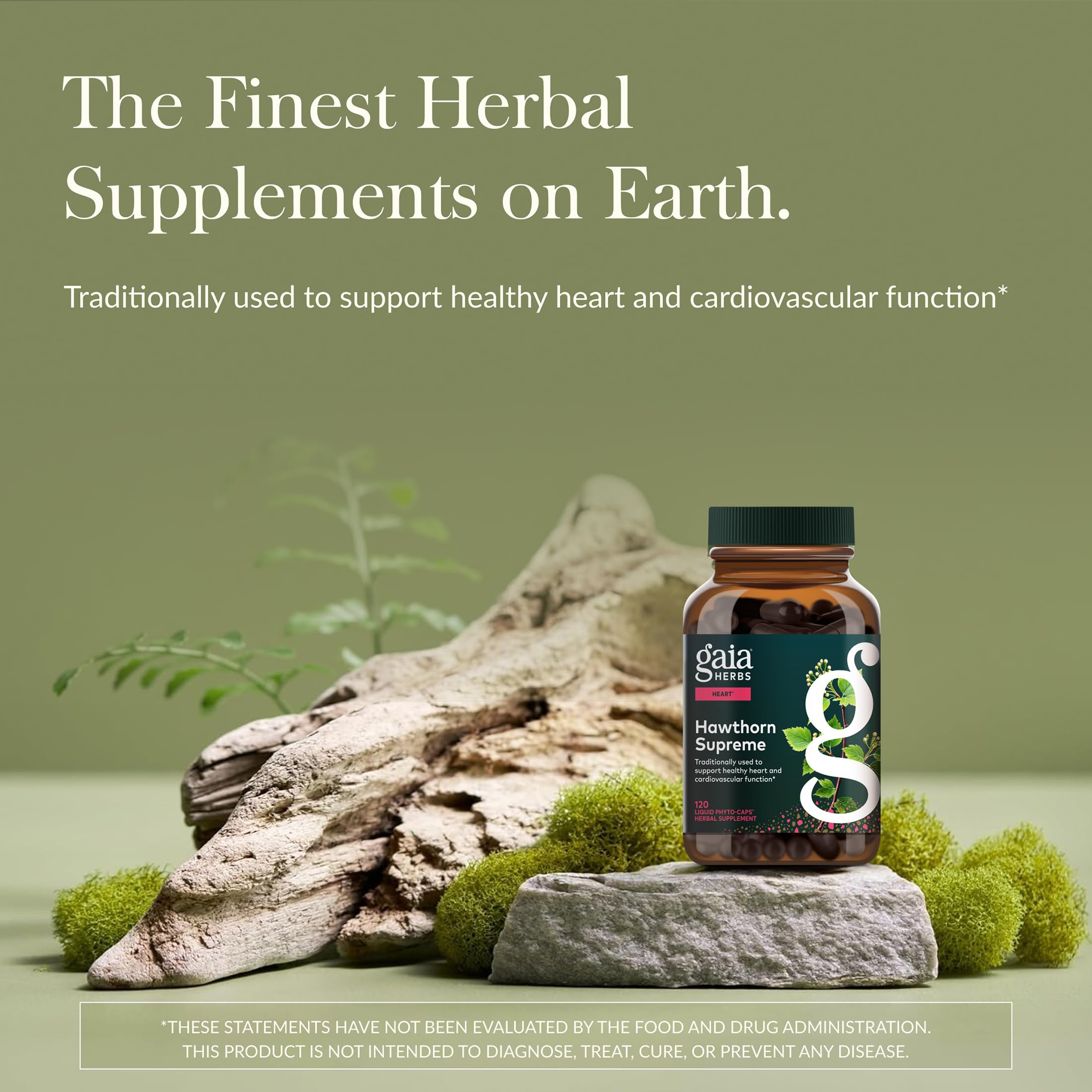 Gaia Herbs Hawthorn Supreme, botella volcada, indica uso diario para el soporte cardiovascular.