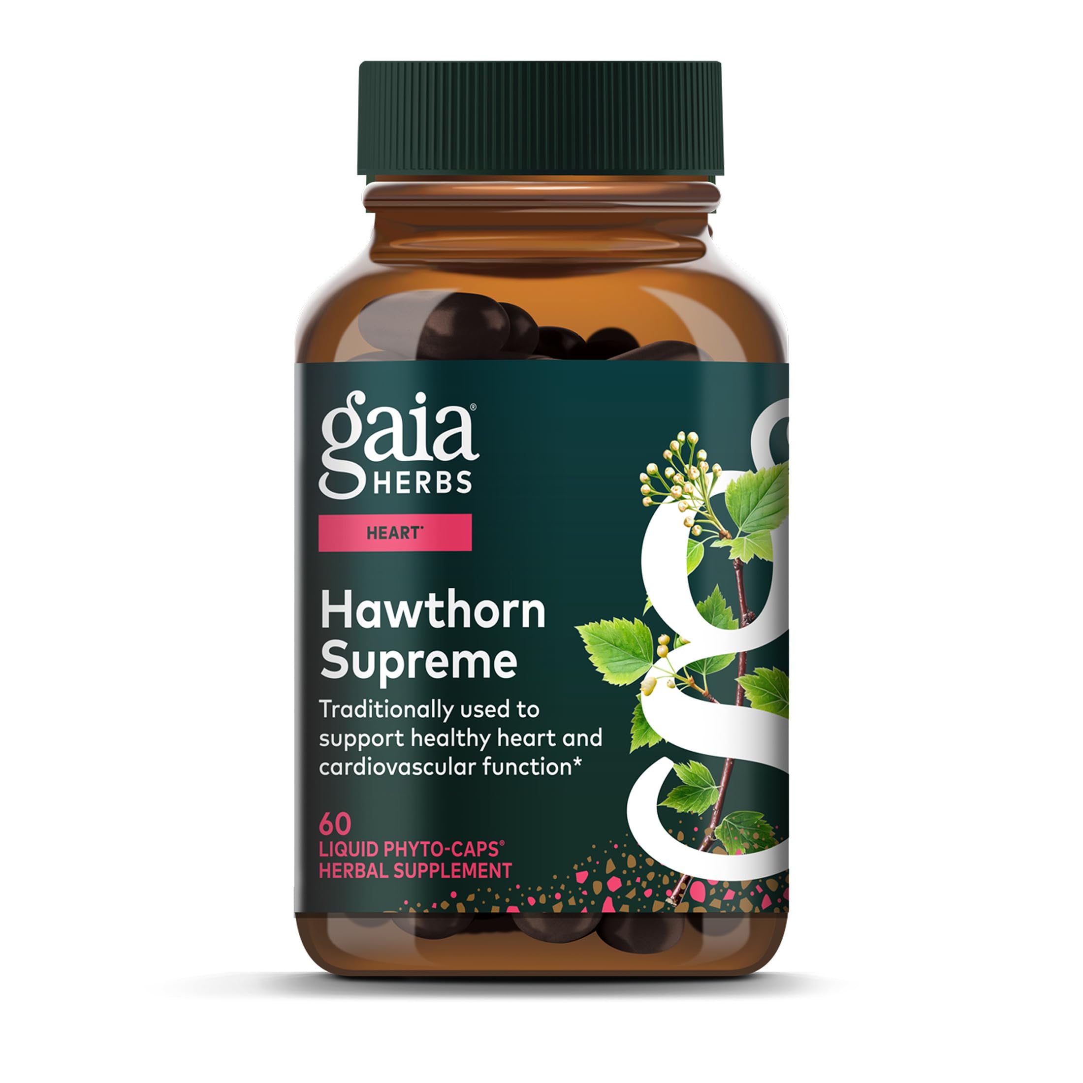 Gaia Herbs Hawthorn Supreme, botella, apoyo potencial a la salud cardiovascular diaria.