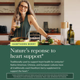 Gaia Herbs Hawthorn Supreme, cápsulas en primer plano, destacan formato vegano y pureza.
