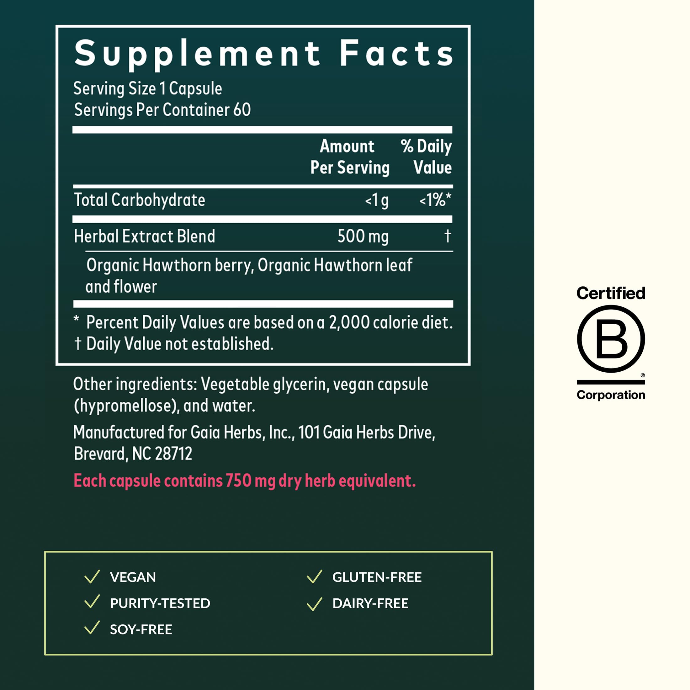 Gaia Herbs Hawthorn Supreme, etiqueta detallada, transparencia en ingredientes para tu rutina diaria.