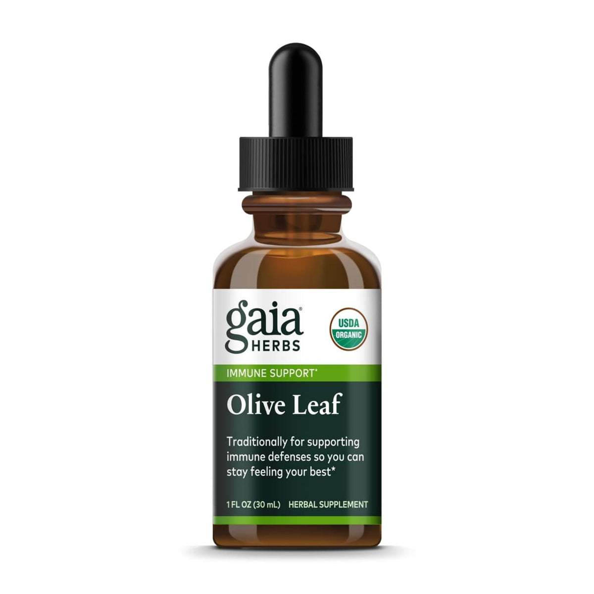 Gaia Herbs hoja de olivo, extracto líquido en botella, apoyo a las defensas.