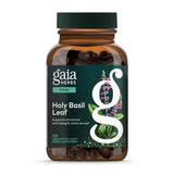Gaia Herbs Holy Basil Leaf bottle showing vegan liquid phyto-caps for daily wellness
