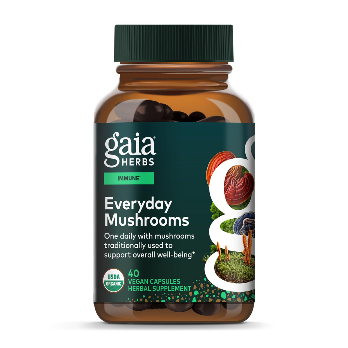 Gaia Herbs Hongos Diarios en botella de cápsulas para uso diario y bienestar general.