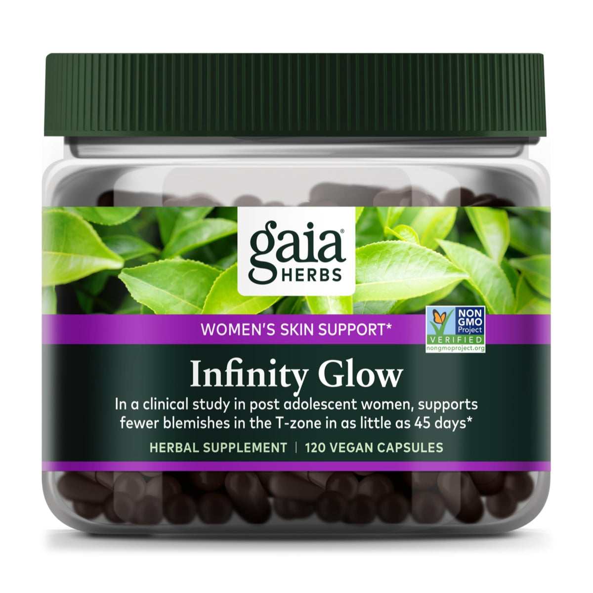Gaia Herbs Infinity Glow, botella de cápsulas, favorece la salud de la piel y el brillo natural.