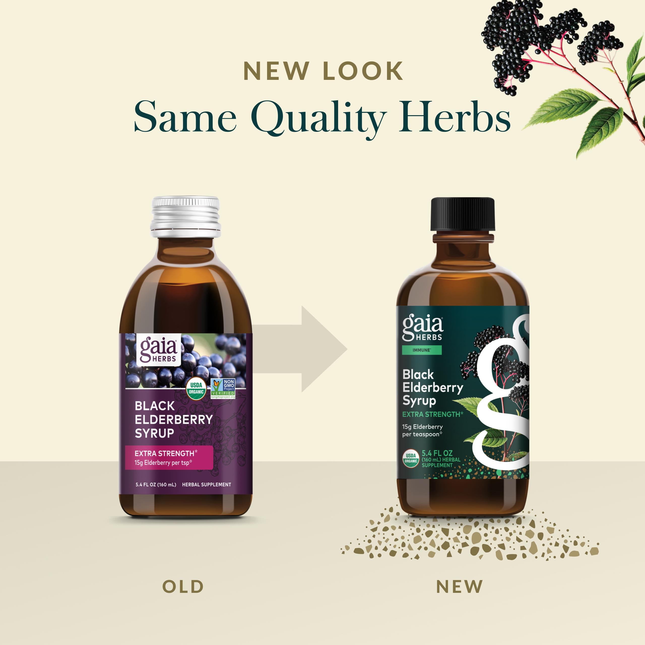 Gaia Herbs jarabe saúco negro, color ámbar natural