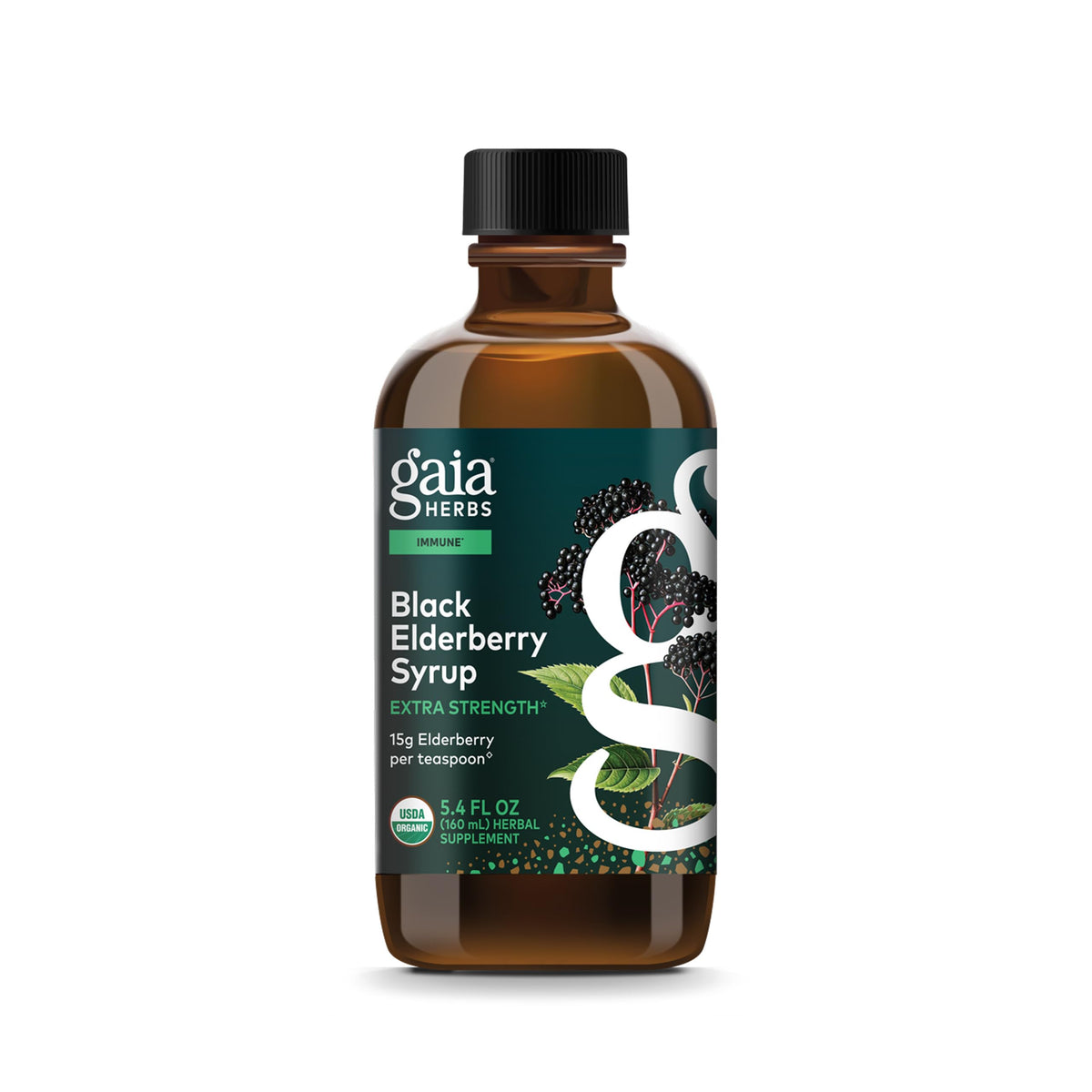 Gaia Herbs jarabe de saúco negro, frasco ámbar para uso diario suave