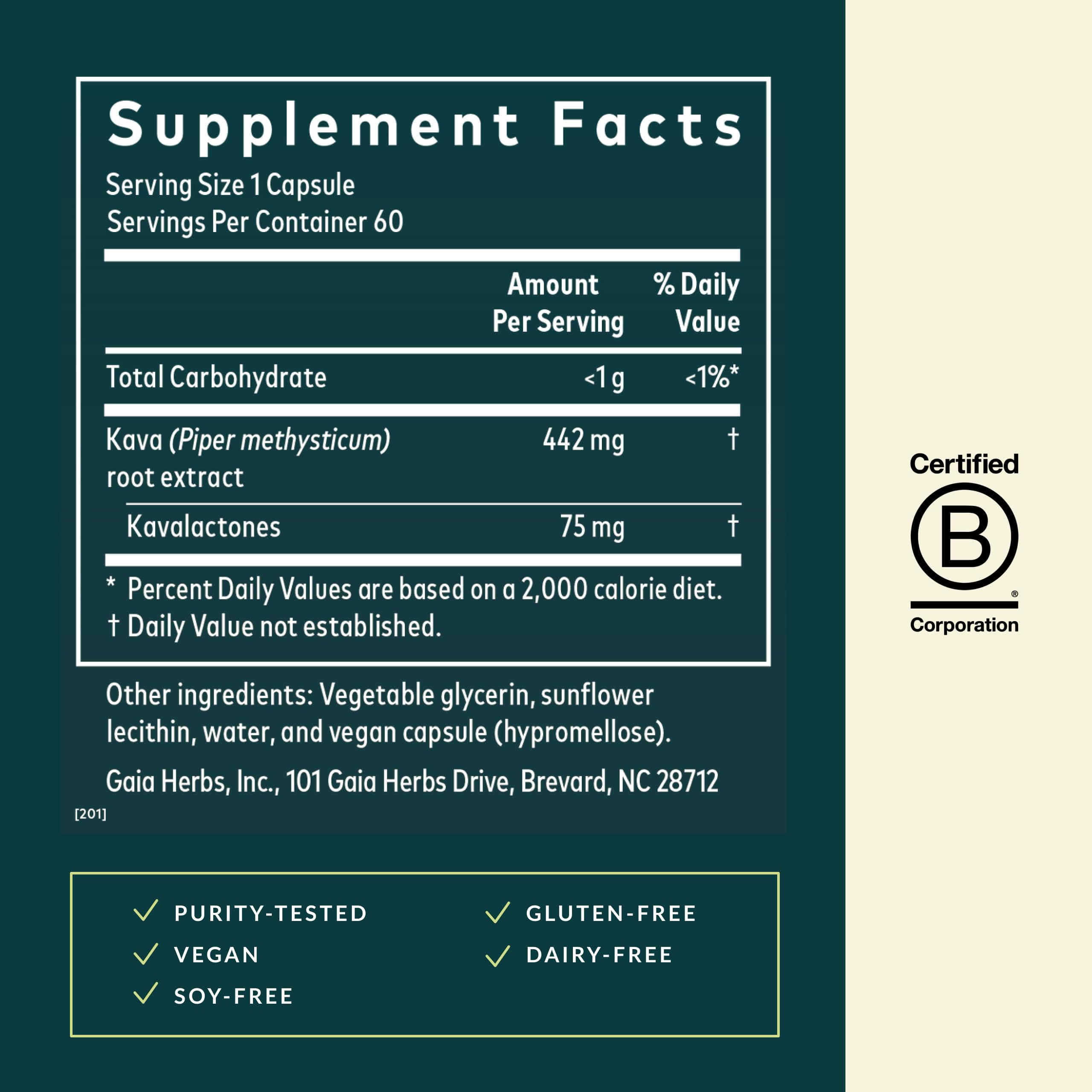 Gaia Herbs Kava Root etiqueta frontal que describe el producto