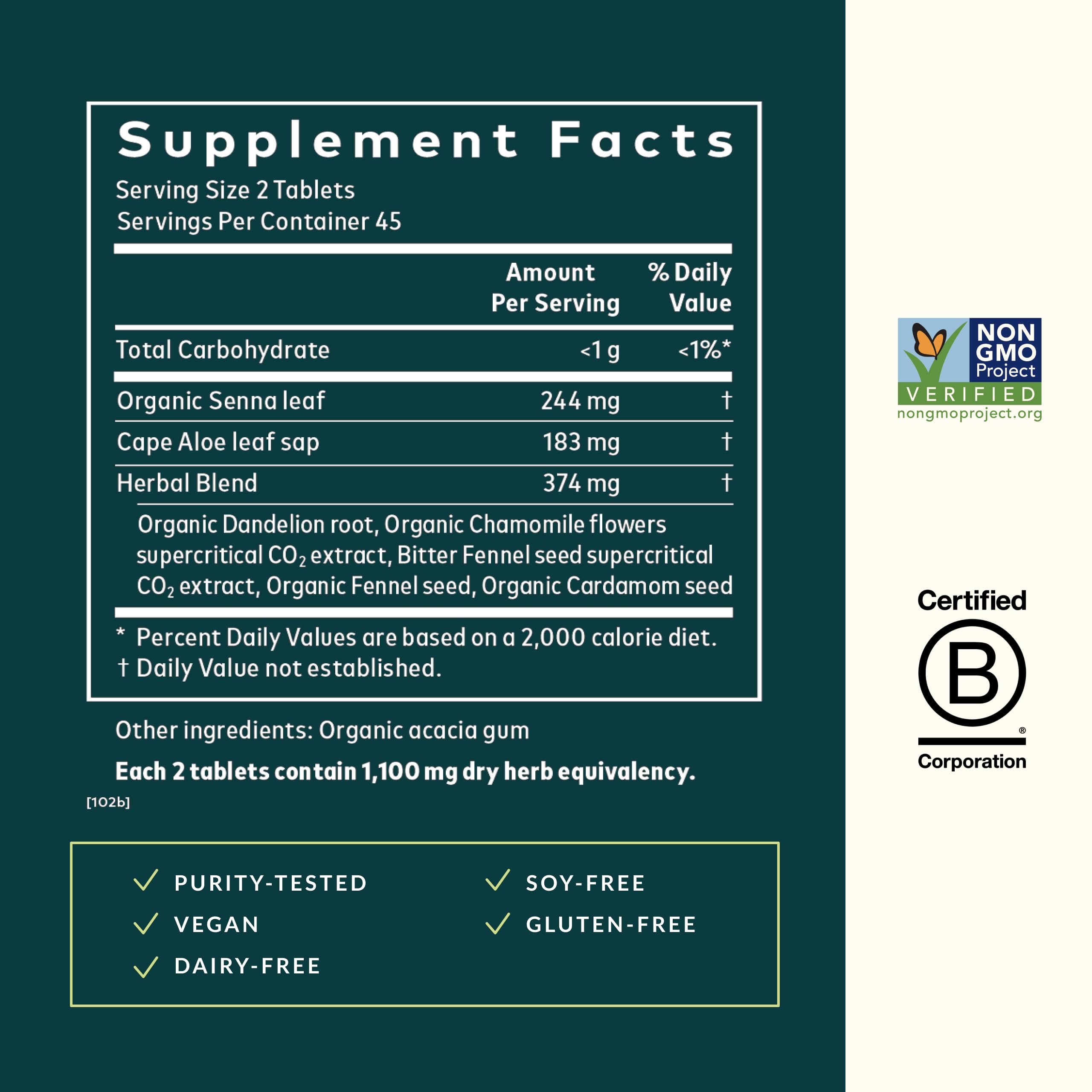 Etiqueta revela ingredientes clave como senna y aloe para apoyo natural