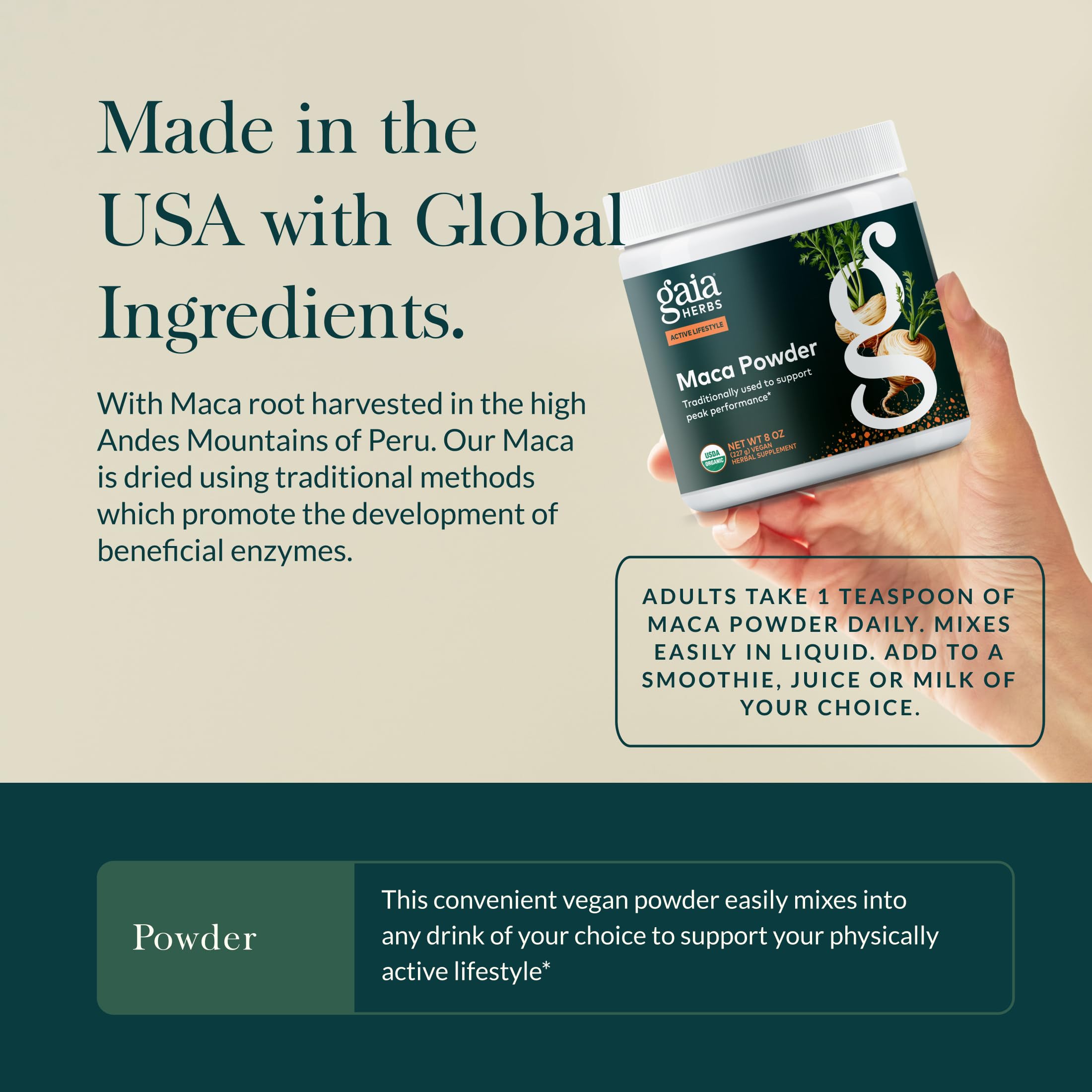 Gaia Herbs Maca en polvo, origen peruano para energía sostenida.