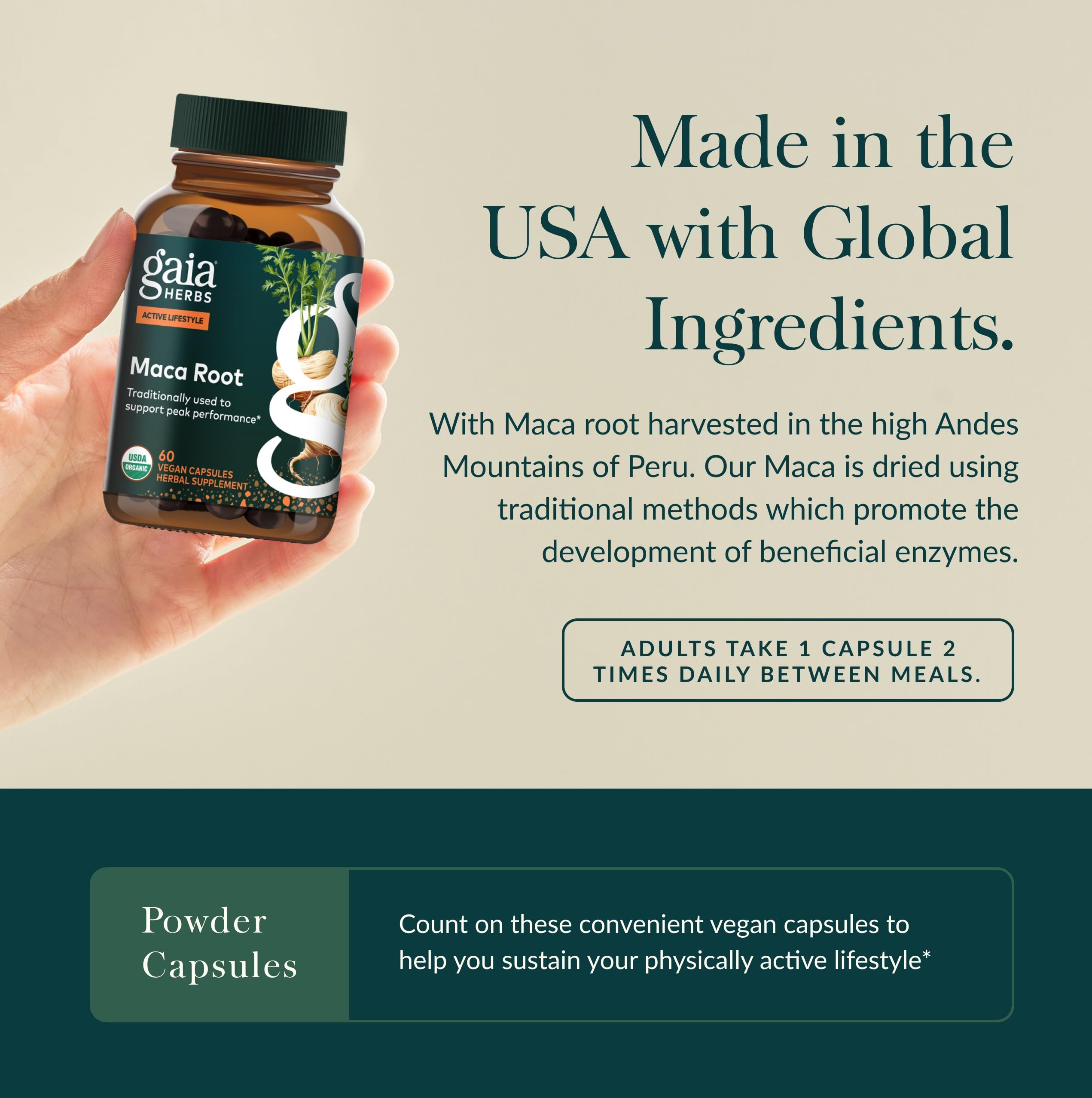 Gaia Herbs Maca Root, cápsulas gelatinizadas para digestión más suave.