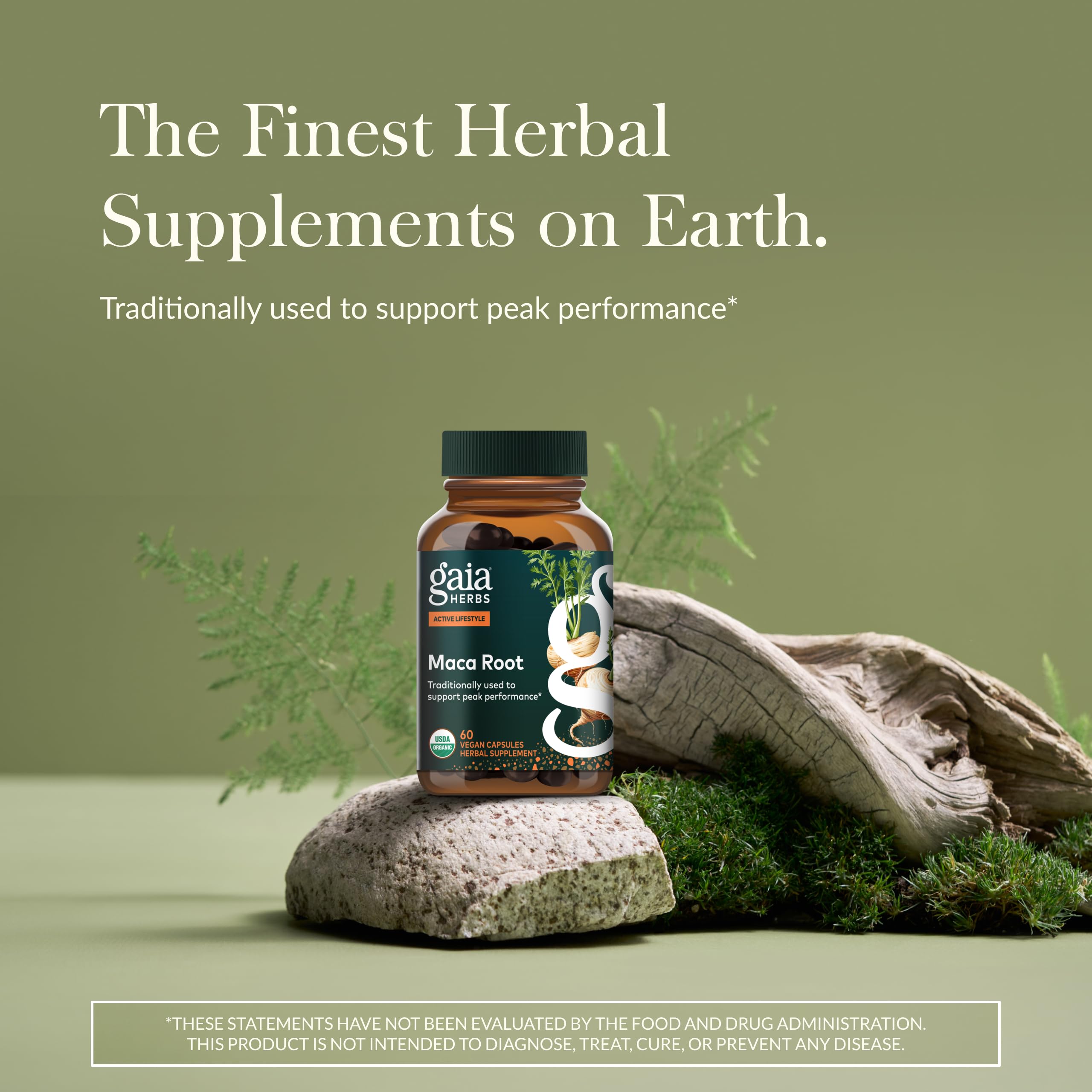Gaia Herbs Maca Root, etiqueta del frasco apoyando la vitalidad diaria.