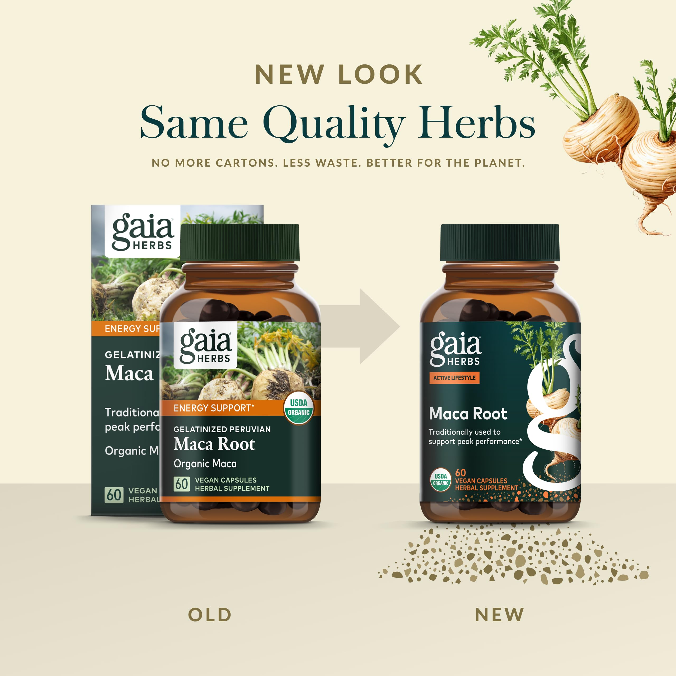 Gaia Herbs Maca Root, producto libre de gluten, lácteos y soja para diversas dietas.